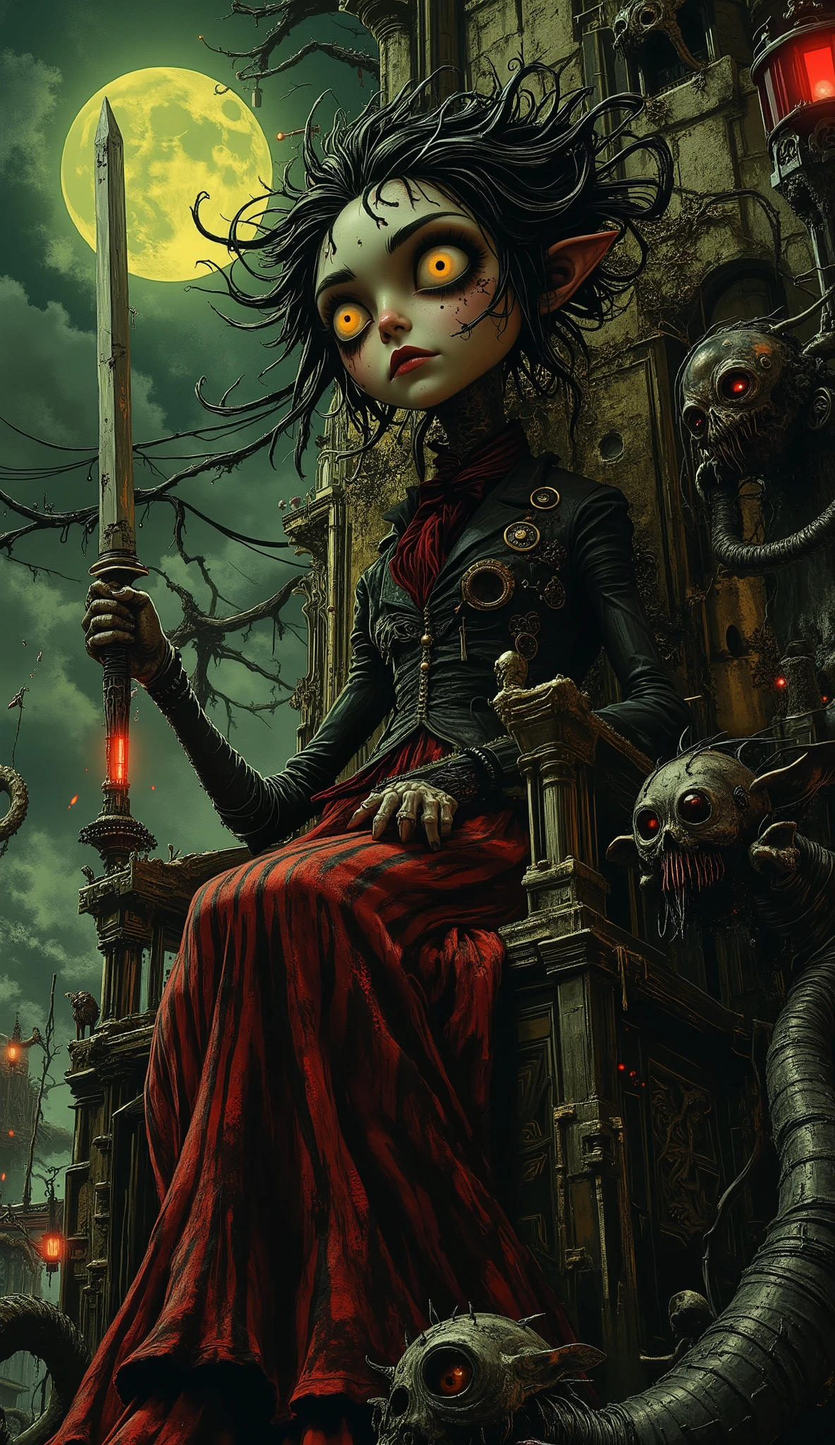 Tim Burton style vampire aristocrat with giant haunted yellow eyes and impossibly long animated black hair moving like separate creatures. Striped gothic gown (blood red and black stripes), deathly pale doll-like proportions with exaggerated limbs. Holding ornate silver greatsword with bat skeleton hilt, black blood dripping in spiral patterns. Rising from obsidian throne on crooked cathedral balcony surrounded by surreal twisted trees with sad clown gargoyles. Night sky with sickly green moon, dramatic shadows, stop-motion animation aesthetic, German expressionism angles, circus gothic details, melancholy horror poetry. Cinematic lighting with toxic color accents, hyper-stylized