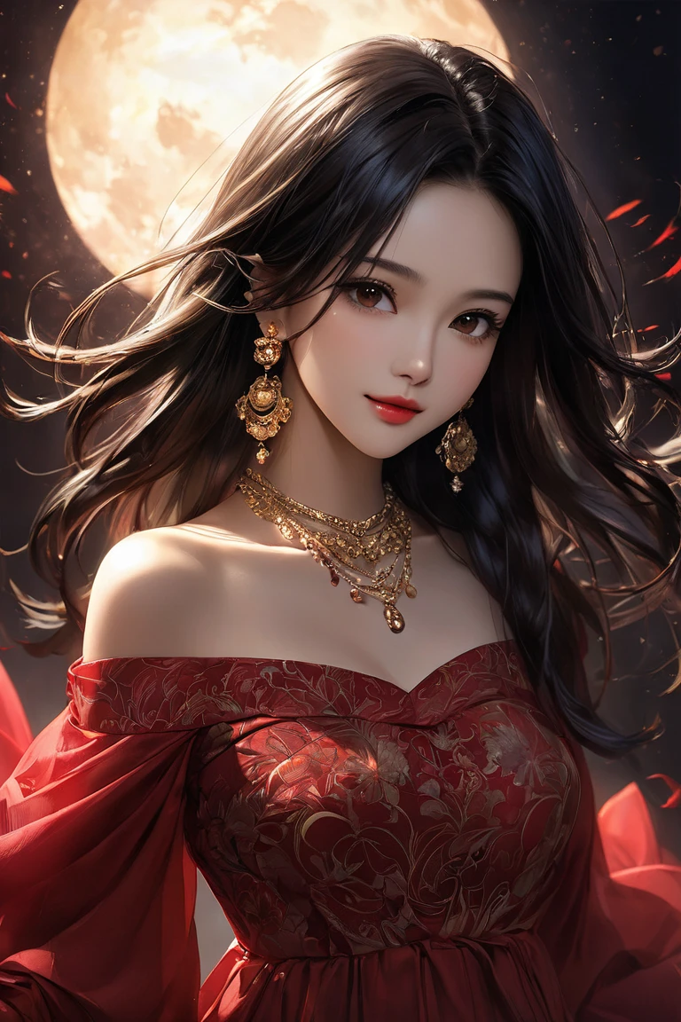 1 beautiful and sexy 20 year old girl, adult, ((wearing super thin red dress:1.6)), diamond dress, ((long purple black hair:1.6)), bangs, elaborate jewelry made of gems and beautiful hair, ((wearing black lace necklace:1.4))), noble style of an extremely beautiful girl, super cute small face, very pretty face, eyebrows sparse, flawless beautiful face, ((black eye pupils: 0.8)), ((very beautiful black eyes: 1.6)), beautiful makeup and detailed hairdo, eyelashes, wet eye makeup , high nose, earrings, red lips, ((closed mouth: 1.5 )) beautiful lips, slim hands, rosy face, clean face, flawless beautiful face, smooth white skin, (big breasts: 1.5)), ((breast augmentation: 1.6)), beautiful cleavage, ( ((big and super round breasts: 1.8))), ((super firm breasts: 1.7)), beautiful breasts, perfect body, (((pose sitting, reclining with arms behind: 1.5))), ((chest out: 1.5)), don't be shy, 8k photo, super high quality, super realistic, super 10x pixels, optical, bright studio, light edge, two-tone light, (high detail skin:1.2), super 8k, soft light, high quality, volumetric light, optical, high optical resolution, light, photo most beautiful, 4k, 8k quality, blur effect, smooth sharpness, 10 x pixels, ((flower red background:1.5)), aurora, lightning, super realistic graphics, most realistic graphics , alone, solo, Extremely sharp, surreal image, (((frontal portrait: 1.4)))."