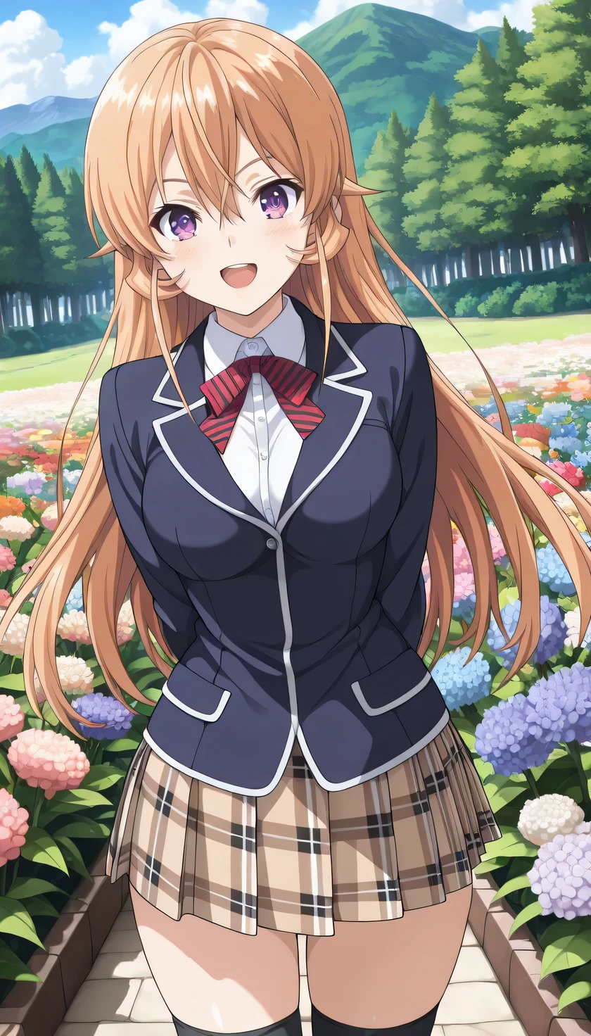 {{{masterpiece}}}, (best quality:1.5), (ultra-detailed:1.5), {illustration}, {{an extremely delicate and beautiful}}, (beautiful detailed eyes:1.6), absurdres, highres, extremely detailed face, 16k, hd, visual anime de uma jovem mulher, extremamente bonito rosto de anime, anime melhor garota, (perfect hands, perfect anatomy), (five fingers:1.1), anime face, Erina Nakiri(Food Wars!), anime coloring, nakiri_erina_ilxl, 1girl, solo, cute face, long hair, blonde hair, hair between eyes, sidelocks, (purple eyes:1.2), medium breasts, big hips, curvaceous, BREAK, {school uniform}, blazer, (dark blue jacket:1.2), long sleeve, (close jacket:1.3), tuck out, white shirt, collared shirt, striped ribbon, red ribbon tie, pleated skirt, plaid skirt, brown mini skirt, (black thighhighs:1.1), thighs, zettai ryouiki, BREAK, smiling, looking at viewer, open mouth, flushed cheeks, flash effect, outdoor, (summer:1.2), mountain, daytime, forest, flower garden, field, sunshine, fluttering skirt, (peer in from below:1.2)