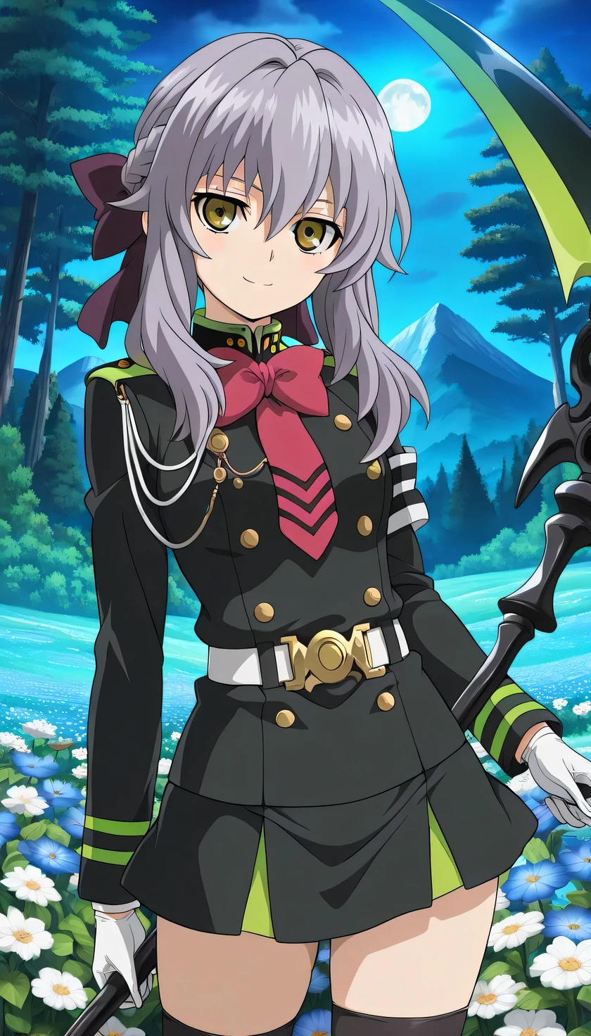 {{{masterpiece}}}, (best quality:1.5), (ultra-detailed:1.5), {illustration}, {{an extremely delicate and beautiful}}, (beautiful detailed eyes:1.2), absurdres, highres, extremely detailed face, 16k, hd, visual anime de uma jovem mulher, extremamente bonito rosto de anime, anime melhor garota, {perfect hands, perfect anatomy}, anime face, Hiiragi Shinoa(Owari no Seraph), aashinoa,1girl, solo, cute face, purple hair, half up, red hair bow, sidelocks, hair between eye, big eyes, (brown eyes:1.5), petite, medium breasts, big hips, curvaceous, BREAK, military uniform, black dress, double-breasted, tuck in, red bowtie, long sleeves, black sleeves, armband, white gloves, white belt, mini skirt, box pleated skirt, black skirt, green folds, black thighhighs, thighs, zettai ryouiki, BREAK, Death Scythe, Game Scythe, long handle, Reaper's Scythe, green scythe edge, have a scythe, Combat Ready, looking at viewer, flash effect, smiling, outdoor, mountain, night, forest, flower garden, field, moonlight, peer in from below