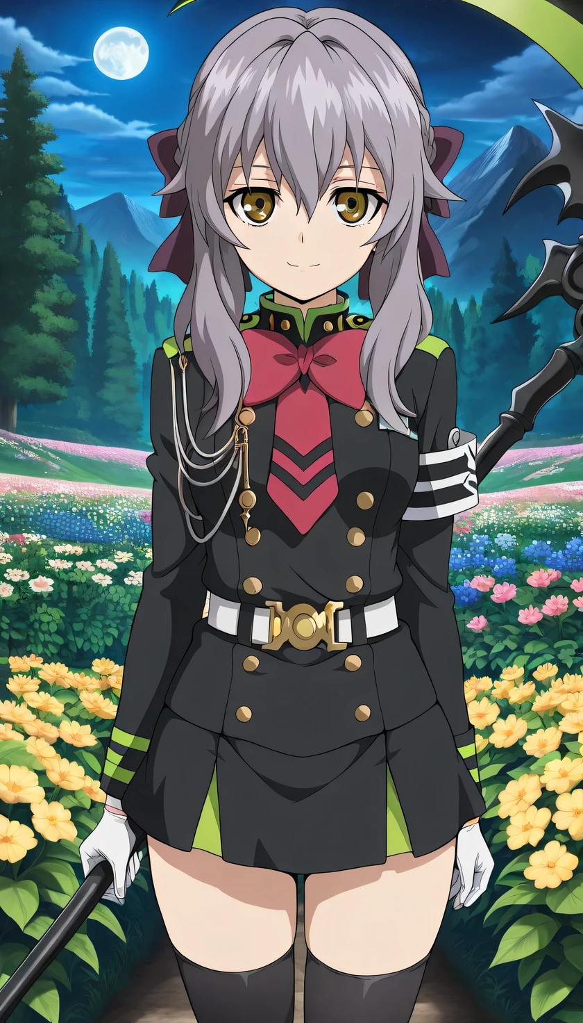 {{{masterpiece}}}, (best quality:1.5), (ultra-detailed:1.5), {illustration}, {{an extremely delicate and beautiful}}, (beautiful detailed eyes:1.2), absurdres, highres, extremely detailed face, 16k, hd, visual anime de uma jovem mulher, extremamente bonito rosto de anime, anime melhor garota, {perfect hands, perfect anatomy}, anime face, Hiiragi Shinoa(Owari no Seraph), aashinoa,1girl, solo, cute face, purple hair, half up, red hair bow, sidelocks, hair between eye, big eyes, (dark brown eyes:1.8), petite, medium breasts, big hips, curvaceous, BREAK, military uniform, black dress, double-breasted, tuck in, red bowtie, long sleeves, black sleeves, armband, white gloves, white belt, mini skirt, box pleated skirt, black skirt, green folds, black thighhighs, thighs, zettai ryouiki, BREAK, Death Scythe, Game Scythe, long handle, Reaper's Scythe, green scythe edge, have a scythe, Combat Ready, looking at viewer, flash effect, smiling, outdoor, mountain, night, forest, flower garden, field, moonlight, peer in from below