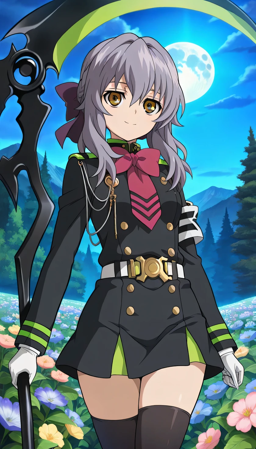 {{{masterpiece}}}, (best quality:1.5), (ultra-detailed:1.5), {illustration}, {{an extremely delicate and beautiful}}, (beautiful detailed eyes:1.2), absurdres, highres, extremely detailed face, 16k, hd, visual anime de uma jovem mulher, extremamente bonito rosto de anime, anime melhor garota, {perfect hands, perfect anatomy}, anime face, Hiiragi Shinoa(Owari no Seraph), aashinoa, Shinoa Hiiragi, 1girl, solo, cute face, (purple hair:1.2), half up, red hair bow, sidelocks, hair between eye, big eyes, (dark brown eyes:1.8), petite, medium breasts, big hips, curvaceous,BREAK, military uniform, black dress, double-breasted, tuck in, red bowtie, long sleeves, black sleeves, armband, white gloves, white belt, mini skirt, box pleated skirt, black skirt, green folds, black thighhighs, thighs, zettai ryouiki, BREAK, Death Scythe, Game Scythe, long handle, Reaper's Scythe, green scythe edge, have a scythe, Combat Ready, looking at viewer, flash effect, smiling, outdoor, mountain, night, forest, flower garden, field, moonlight, peer in from below