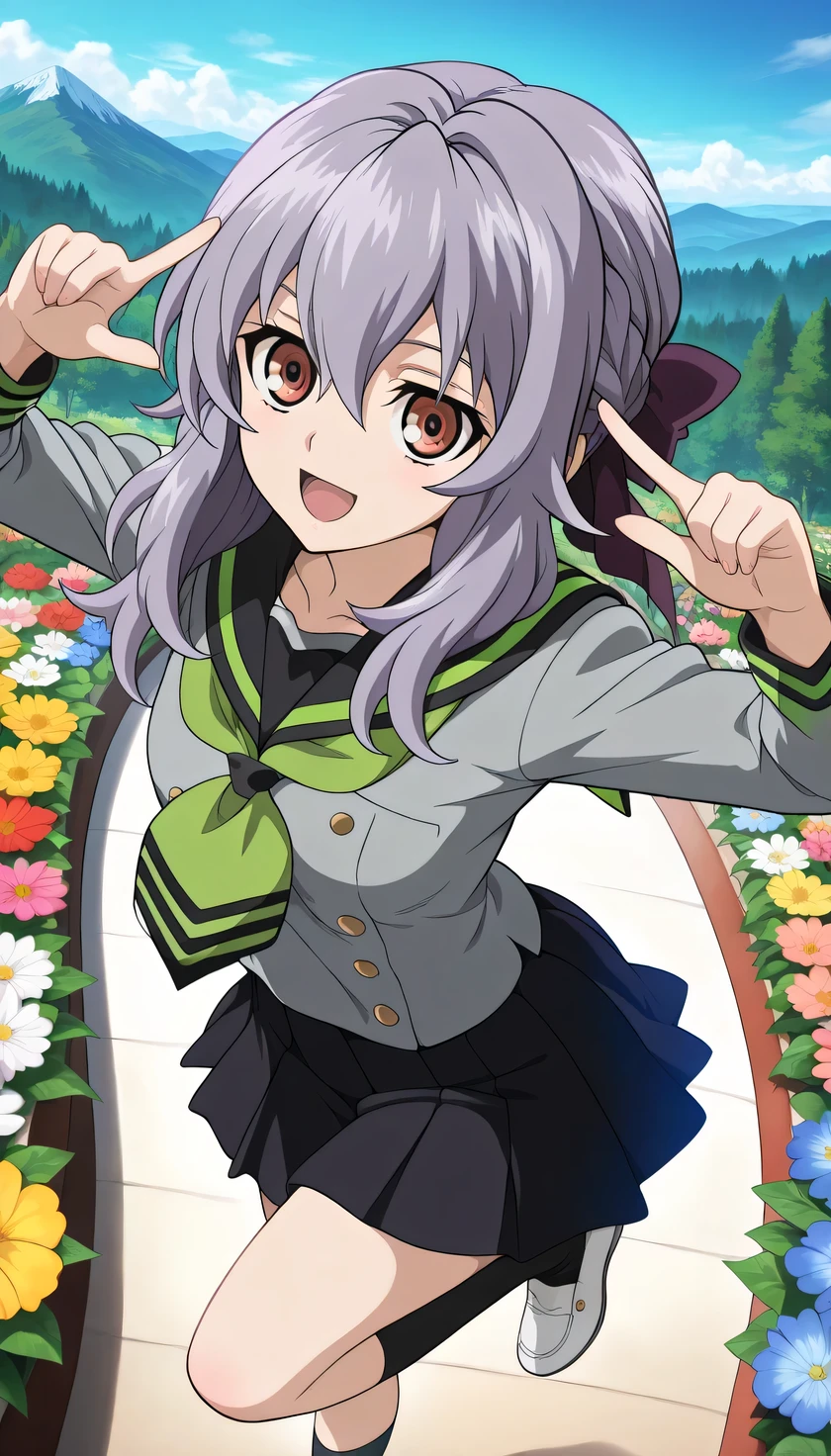 {{{masterpiece}}}, (best quality:1.5), (ultra-detailed:1.5), {illustration}, {{an extremely delicate and beautiful}}, (beautiful detailed eyes:1.2), absurdres, highres, extremely detailed face, 16k, hd, visual anime de uma jovem mulher, extremamente bonito rosto de anime, anime melhor garota, {perfect hands, perfect anatomy}, anime face, Hiiragi Shinoa(Owari no Seraph), aashinoa, Shinoa Hiiragi, 1girl, solo, cute face, (purple hair:1.2), half up, red hair bow, sidelocks, hair between eye, big eyes, petite, medium breasts, big hips, curvaceous, BREAK, {school uniform}, (serafuku:1.5), (grey shirt:1.3), shirt tuck out, long sleeves, gray sleeves, black sailor collar, (green neckerchief:1.3), miniskirt, (pleated skirt:1.5), black skirt, crew Socks, (black socks:1.2), white shoes, BREAK, cute face, open mouth, smiling, pointing, dancing, jumping, from above, outdoor, mountain, forest, flower garden, (cute gestures:1.2), dynamic pose, dynamic angle, mysterious, fluttering skirt, (perspective:1.2)