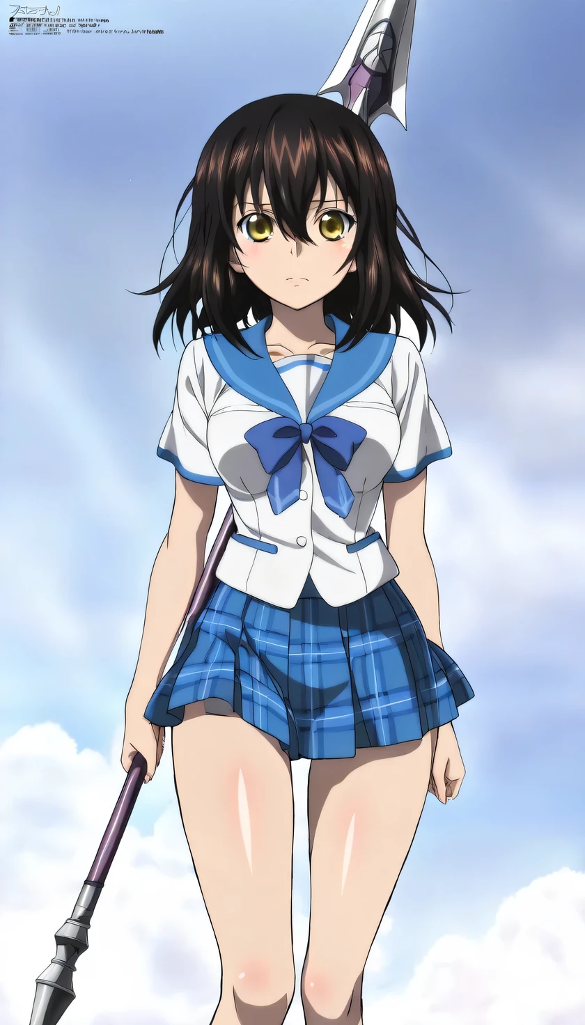 {{{masterpiece}}}, (best quality:1.5), (ultra-detailed:1.5), {illustration}, {{an extremely delicate and beautiful}}, (beautiful detailed eyes:1.6), absurdres, highres, extremely detailed face, 16k, hd, visual anime de uma jovem mulher, extremamente bonito rosto de anime, anime melhor garota, (perfect hands, perfect anatomy), anime face, Himeragi Yukina(Strike The Blood), yukina, 1girl, solo, cute face, medium hair, front hair, black hair, hair between eye, (yellow eyes:1.3), (High resolution eyes, Beautiful eyes, Light in the eyes), flushed cheeks, medium breasts, big hips, curvaceous, BREAK, serafuku, {school uniform}, summer uniform, white shirt, short sleeves, blue sailor collar, blue bowtie, mini skirt, pleated skirt, plaid skirt, blue skirt, thighs,, BREAK, polearm, 1 weapon, (holding weapon:1.2), holding, spear,
