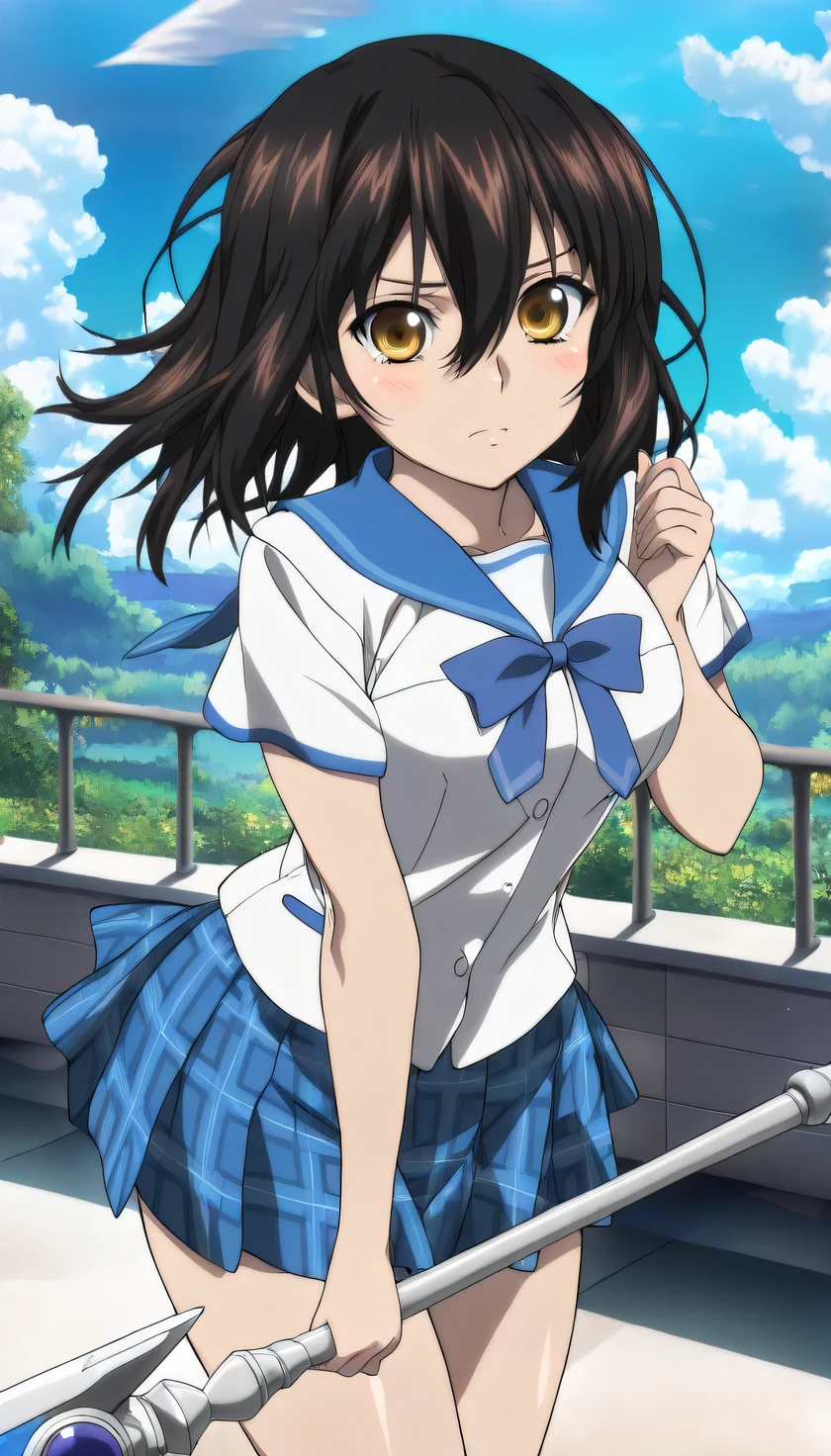 {{{masterpiece}}}, (best quality:1.5), (ultra-detailed:1.5), {illustration}, {{an extremely delicate and beautiful}}, (beautiful detailed eyes:1.6), absurdres, highres, extremely detailed face, 16k, hd, visual anime de uma jovem mulher, extremamente bonito rosto de anime, anime melhor garota, (perfect hands, perfect anatomy), anime face, Himeragi Yukina(Strike The Blood), yukina, 1girl, solo, cute face, medium hair, front hair, black hair, hair between eye, (yellow eyes:1.3), (High resolution eyes, Beautiful eyes, Light in the eyes), flushed cheeks, medium breasts, big hips, curvaceous, BREAK, serafuku, {school uniform}, summer uniform, white shirt, short sleeves, blue sailor collar, blue bowtie, mini skirt, pleated skirt, plaid skirt, blue skirt, thighs,, BREAK, polearm, 1 weapon, (holding weapon:1.2), holding, spear,