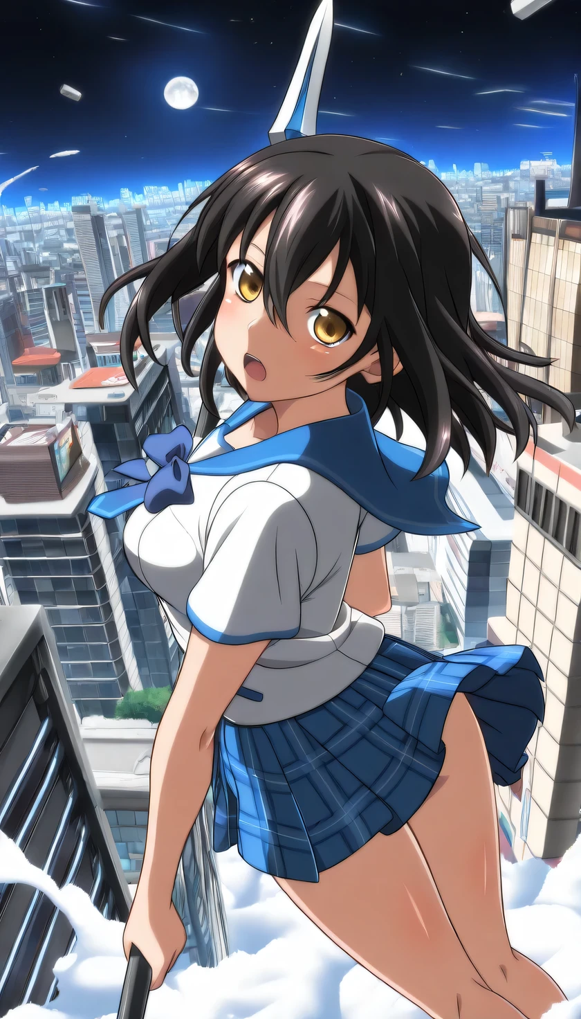 {{{masterpiece}}}, (best quality:1.5), (ultra-detailed:1.5), {illustration}, {{an extremely delicate and beautiful}}, (beautiful detailed eyes:1.6), absurdres, highres, extremely detailed face, 16k, hd, visual anime de uma jovem mulher, extremamente bonito rosto de anime, anime melhor garota, (perfect hands, perfect anatomy), anime face, Himeragi Yukina(Strike The Blood), yukina, 1girl, solo, cute face, medium hair, front hair, black hair, hair between eye, (yellow eyes:1.3), (High resolution eyes, Beautiful eyes, Light in the eyes), flushed cheeks, medium breasts, big hips, curvaceous, BREAK, serafuku, {school uniform}, summer uniform, white shirt, short sleeves, blue sailor collar, blue bowtie, mini skirt, pleated skirt, plaid skirt, blue skirt, thighs,, BREAK, polearm, 1 weapon, (holding weapon:1.2), holding, spear, BREAK, reach out your hand, sky above, floating, above the clouds, wind, legs apart, floating clothes, floating skirf, lean back, expressionless, cool face, open mouth, looking at viewer, outdoor, night, (city night view:1.5), night sky, moon, (from above:1.5), from side