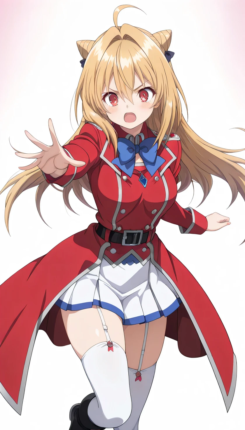 {{{masterpiece}}}, (best quality:1.5), (ultra-detailed:1.5), {illustration}, {{an extremely delicate and beautiful}}, (beautiful detailed eyes:1.6), absurdres, highres, extremely detailed face, 16k, hd, visual anime de uma jovem mulher, extremamente bonito rosto de anime, anime melhor garota, (perfect hands, perfect ), anime face, Terakomari Gandesblood (Hikikomari Kyuuketsuki no Monmon), 1girl, solo, cute face, long hair, blonde hair, cone hair bun, hair ornament, hair intakes, ahoge, hair between eye, red eyes, , big , curvaceous, BREAK, {military uniform}, blue bowtie, (red jacket:1.2), red coat, double-breasted, long sleeves, blue bowtie, black belt, (red waist cape:1.2),  white skirt, mini skirt, pleated skirt, garter straps, white thighhighs,black boots, thighs, zettai ryouiki,