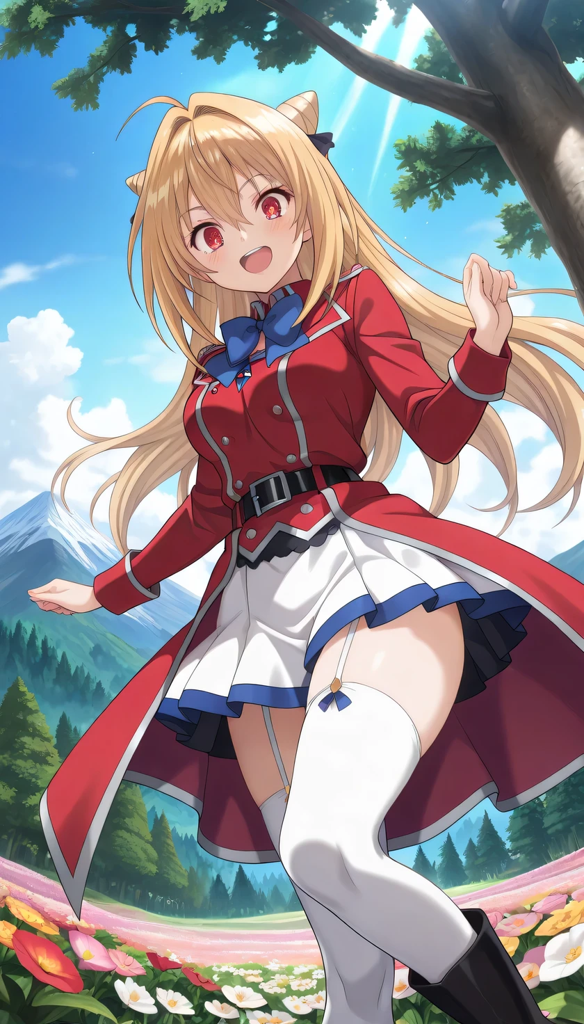 {{{masterpiece}}}, (best quality:1.5), (ultra-detailed:1.5), {illustration}, {{an extremely delicate and beautiful}}, (beautiful detailed eyes:1.6), absurdres, highres, extremely detailed face, 16k, hd, visual anime de uma jovem mulher, extremamente bonito rosto de anime, anime melhor garota, (perfect hands, perfect ), anime face, Terakomari Gandesblood (Hikikomari Kyuuketsuki no Monmon), 1girl, solo, cute face, long hair, blonde hair, cone hair bun, hair ornament, hair intakes, ahoge, hair between eye, red eyes, , big , curvaceous, BREAK, {military uniform}, blue bowtie, (red jacket:1.2), red coat, double-breasted, long sleeves, blue bowtie, black belt, (red waist cape:1.2),  white skirt, mini skirt, pleated skirt, garter straps, white thighhighs,black boots, thighs, zettai ryouiki, BREAK, smiling, looking at viewer, open mouth, flushed cheeks, flash effect, outdoor, mountain, daytime, forest, flower garden, field, sunshine, peer in from below, (from side:1.3)