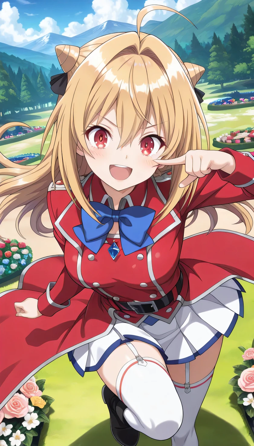 {{{masterpiece}}}, (best quality:1.5), (ultra-detailed:1.5), {illustration}, {{an extremely delicate and beautiful}}, (beautiful detailed eyes:1.6), absurdres, highres, extremely detailed face, 16k, hd, visual anime de uma jovem mulher, extremamente bonito rosto de anime, anime melhor garota, (perfect hands, perfect ), anime face, Terakomari Gandesblood (Hikikomari Kyuuketsuki no Monmon), 1girl, solo, cute face, long hair, blonde hair, cone hair bun, hair ornament, hair intakes, ahoge, hair between eye, red eyes, , big , curvaceous, BREAK, {military uniform}, blue bowtie, (red jacket:1.2), red coat, double-breasted, long sleeves, blue bowtie, black belt, (red waist cape:1.2),  white skirt, mini skirt, pleated skirt, garter straps, white thighhighs,black boots, thighs, zettai ryouiki, BREAK, cute face, open mouth, smiling, pointing, dancing, jumping, from above, outdoor, mountain, forest, flower garden, (cute gestures:1.2), dynamic pose, dynamic angle, mysterious, fluttering skirt, medium close-up shot