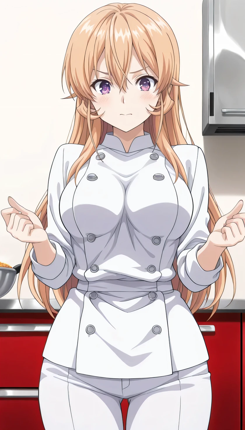 {{{masterpiece}}}, (best quality:1.5), (ultra-detailed:1.5), {illustration}, {{an extremely delicate and beautiful}}, (beautiful detailed eyes:1.6), absurdres, highres, extremely detailed face, 16k, hd, visual anime de uma jovem mulher, extremamente bonito rosto de anime, anime melhor garota, (perfect hands, perfect anatomy), (five fingers:1.1), anime face, Erina Nakiri(Food Wars!), anime coloring, nakiri_erina_ilxl, 1girl, solo, cute face, long hair, blonde hair, hair between eyes, sidelocks, (purple eyes:1.2), medium breasts, big hips, curvaceous, BREAK, chef, white shirt, double-breasted, long sleeves, tuck out shirt, white pants,