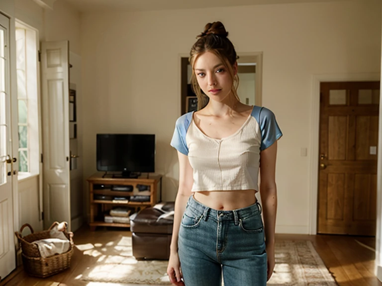 Emma Watson dressed in a long-sleeved shirt with ripped shorts