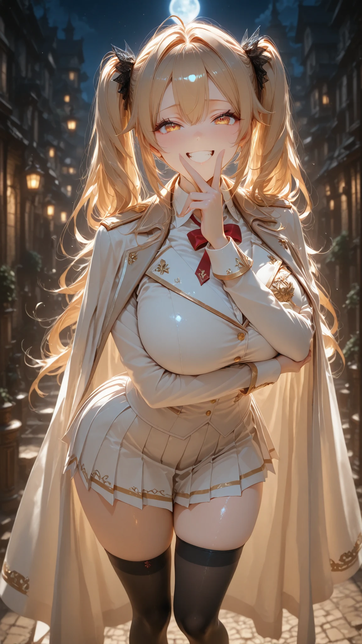 masterpiece,Highest Quality,1 girl,twin tails,lace hair ornament,Blonde,detailed face,laugh gently,v over mouth,shiny skin,contrapposto,standing with arms crossed,Black military uniform,Napoleon Jacket,standing collar ,black design shirt,pleated skirt isolated on white background,Waist-length cloak,long knee-high socks,huge breasts,sexy face,night background with a view of the moon