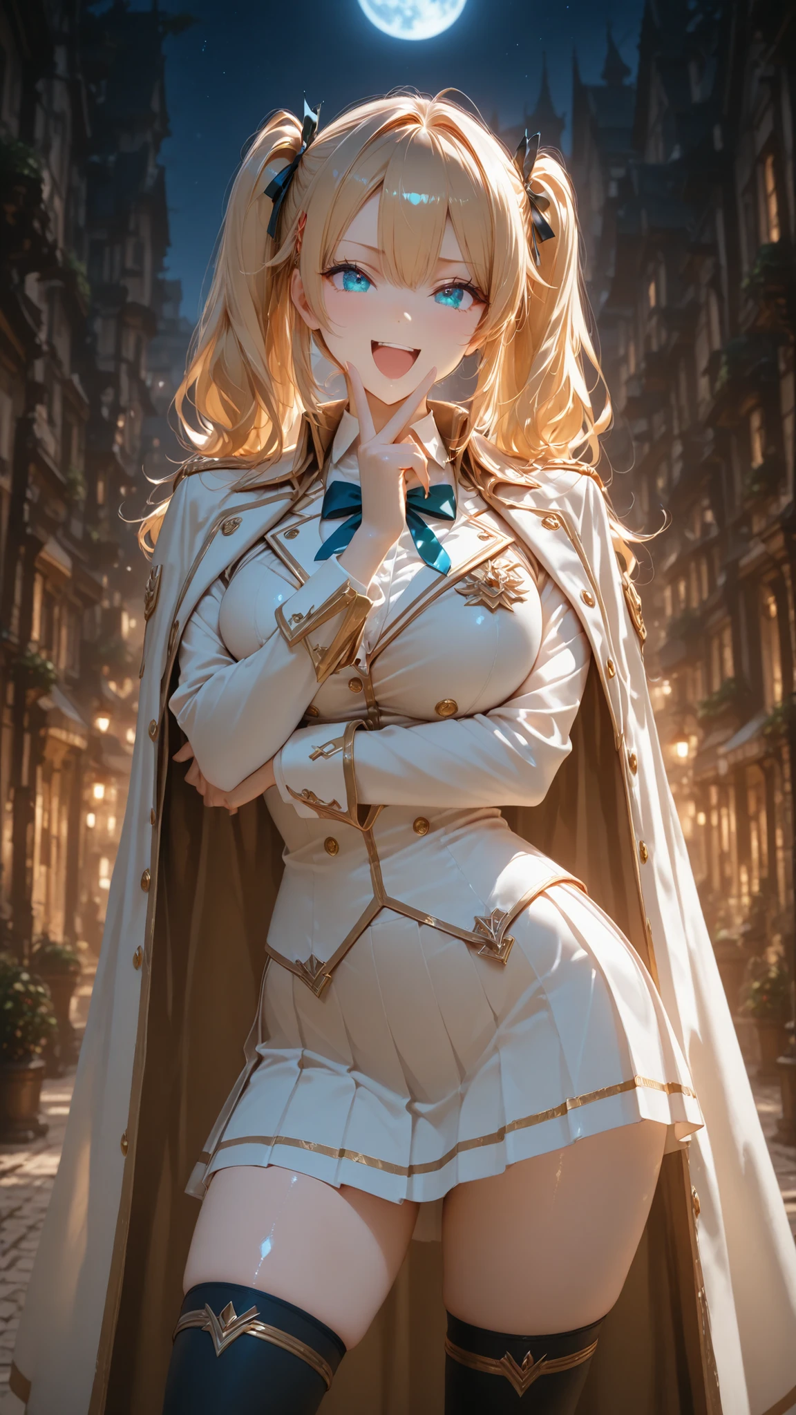 masterpiece,Highest Quality,1 girl,twin tails,Blonde,blue eyes,looking at the camera,laugh gently,v over mouth,shiny skin,contrapposto,standing with arms crossed,Black military uniform,Napoleon Jacket,standing collar ,black design shirt,pleated skirt isolated on white background,Waist-length cloak,long knee-high socks,huge breasts,sexy face,blue night background with moon visible