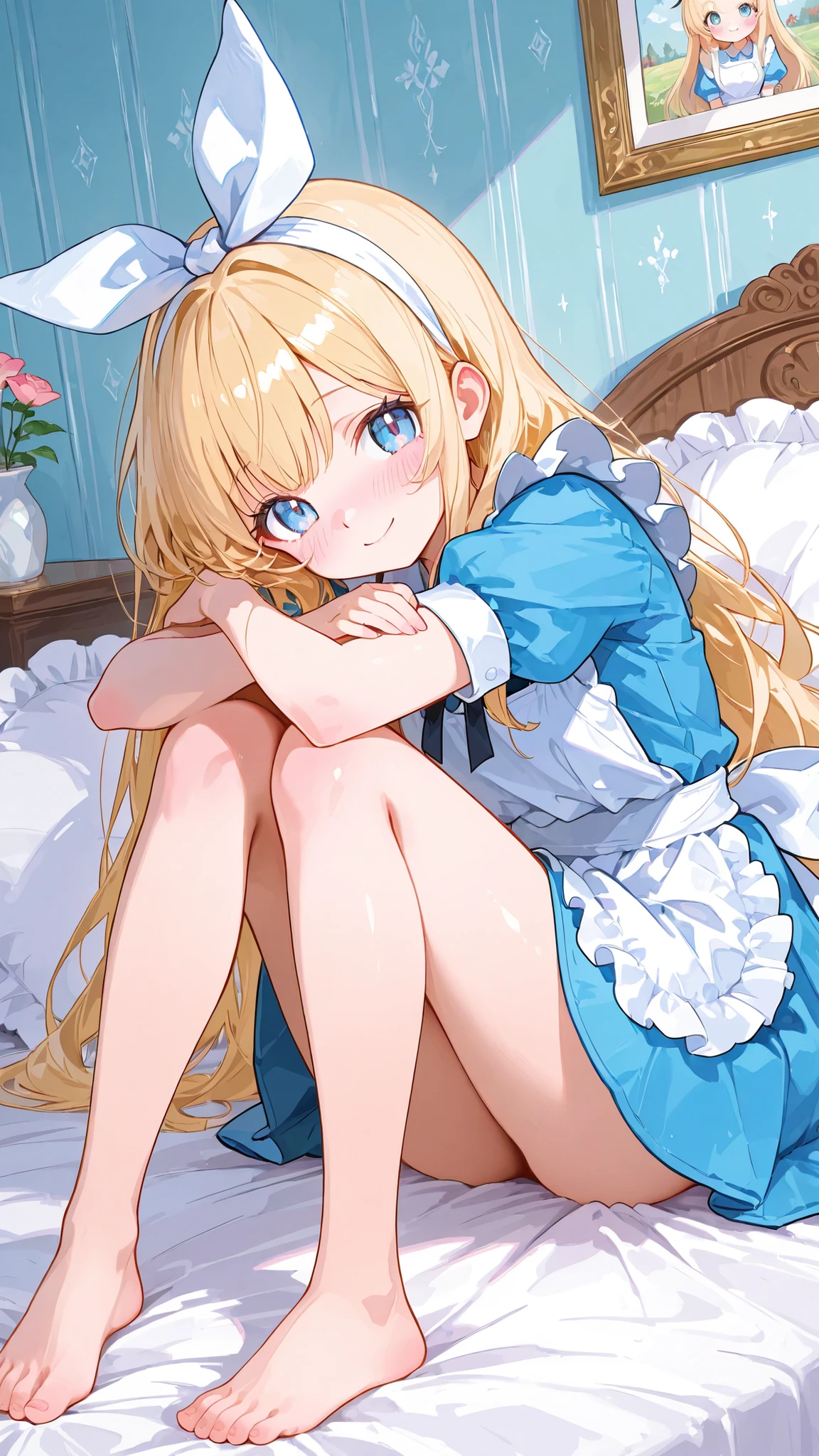 1girl, alice in wonderland, anime-style, modified blue dress with short skirt, white apron loosely tied, white bow headband, long silky blonde hair, large sparkling blue eyes, dainty features, moe and kawaii style, w-sitting pose on bed, bare legs, barefoot, hands resting on knees, blushing shy smile, playful yet innocent expression, cozy pastel bedroom, soft pillows scattered, warm gentle vibe, high detail