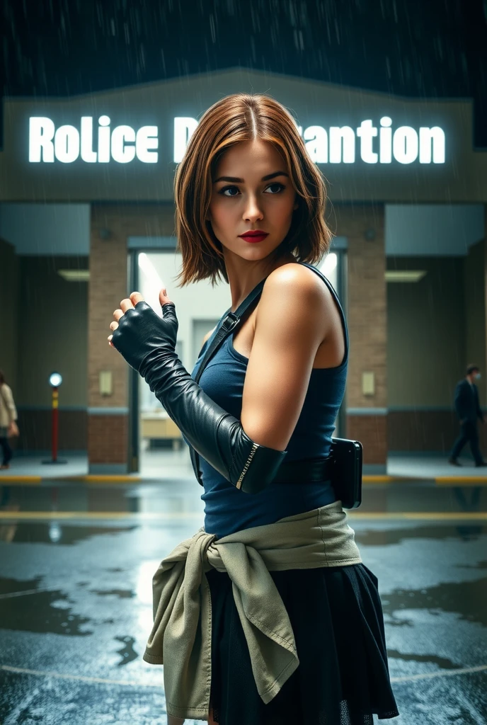 A young female survivor ((Emma Watson)) laying on the ground in an apocalyptic wasteland facing the viewer, short hair, undercut haircut, heavy tanlines, full lips, slightly smiling, stupsige Nase, bright blue eyes, thin eyebrows, tiny , , smiling, worn and torn black leather vest, ripped short cutoff leather skirt, very short light blue socks, she wears  or shirt, several old electronics parts laying and standing around