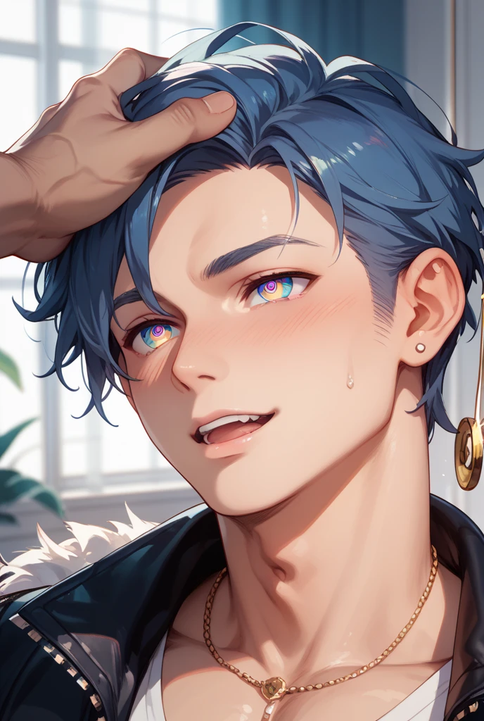 ((((best masterpiece, best quality, wallpaper,)))) solo, guy, male body, small muscles, flat chest, 1male, 30 years old, handsome man, dramatic angle, upper body, looking at viewers, beautiful detailed, finger to mouth, mediumturquoise hair, ((((Lower short ponytail)))), asymmetrical bangs, ((short hair,))  smile, ((( one eye closed, gold eyes,))) (((^o^, tareme, droopy eyes,))) perfect face, sharp nose,  smile, clear face, , ((silver earrings, silver necklace,)) leggings, lighting back, backlighting, pink background color ultrasharp, 8K, masterpiece,