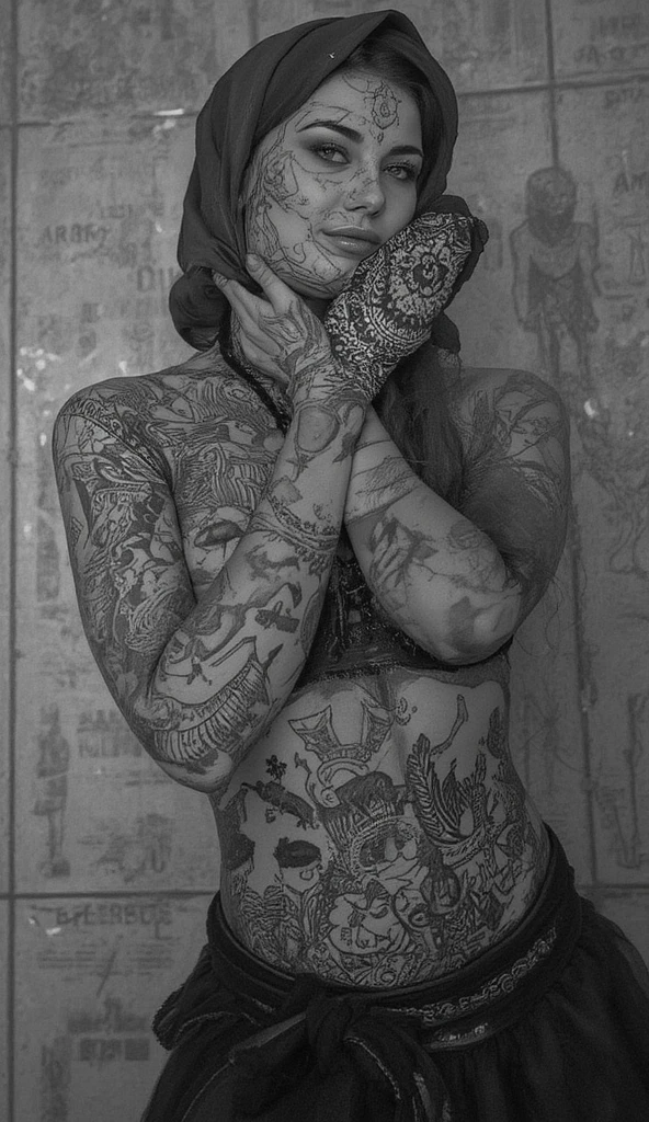 (A  Asian woman ?(age 20), (tiny bikini, athletic, big , long hair put up in fancy style) she has love poems penned with henna on her back in a artsy font) she is holding her hair up, her back is to the viewer