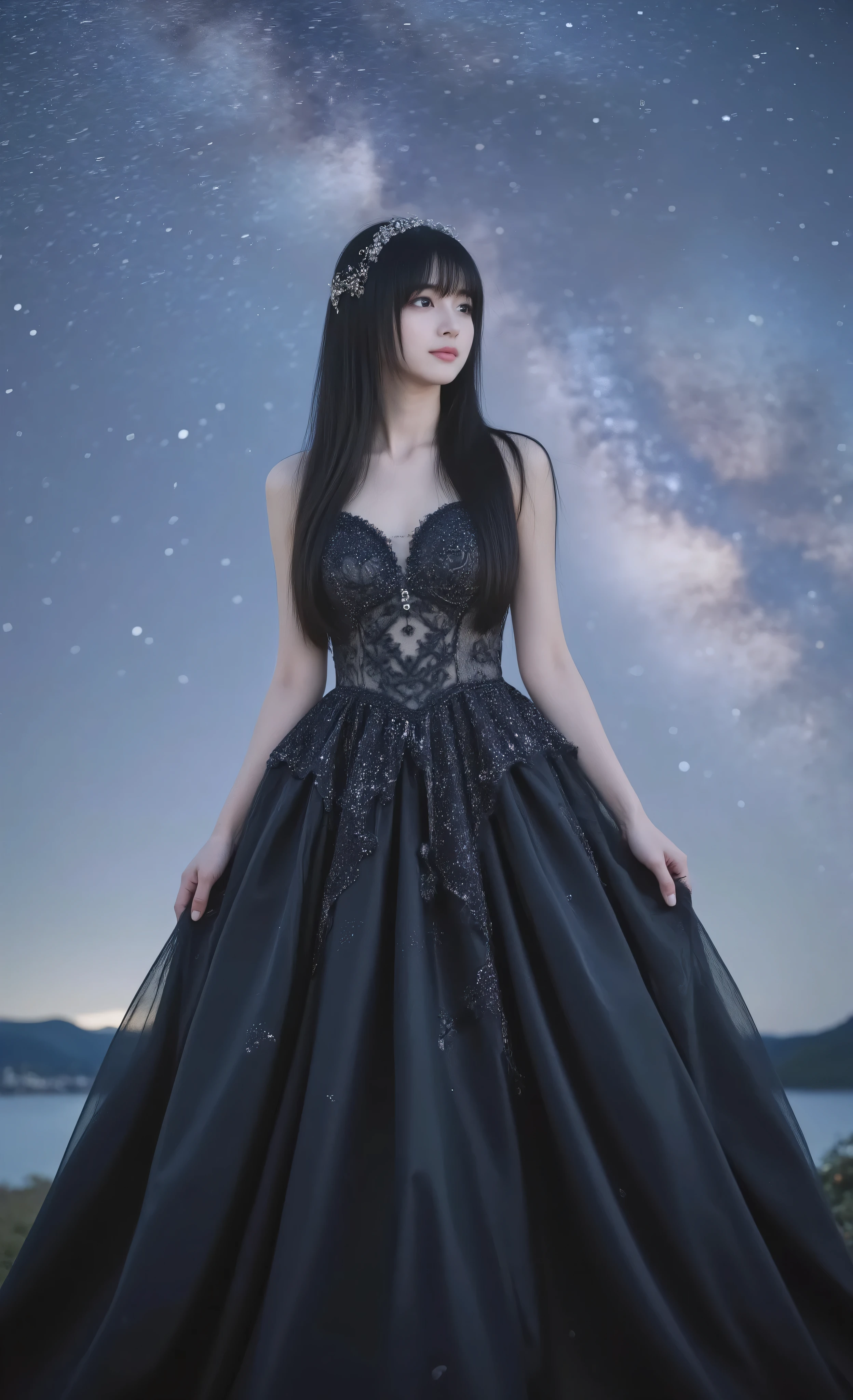 A stunning young woman with a delicate blend of Korean and Chinese beauty, sharp and elegant facial features, porcelain skin. She has very long, silky, jet-black hair with bangs. Her body is slender, with a modest chest, elegant proportions. She is wearing a magnificent black princess gown, flowing and elegant, with intricate details, lace and subtle sparkling accents, resembling a royal fantasy dress. The gown glimmers softly under the starlight, giving her a majestic yet graceful aura. She gazes calmly at the night sky, with a soft subtle smile. Behind her stretches a breathtaking cosmic panorama: a star-filled night sky with a curved, magnificent Milky Way glowing across the heavens. Starlight reflects gently on her gown and hair, creating an ethereal, fantasy-like atmosphere. Keywords: ultra-detailed, fantasy princess gown, cinematic lighting, magical night sky, majestic, ethereal glow, celestial beauty.