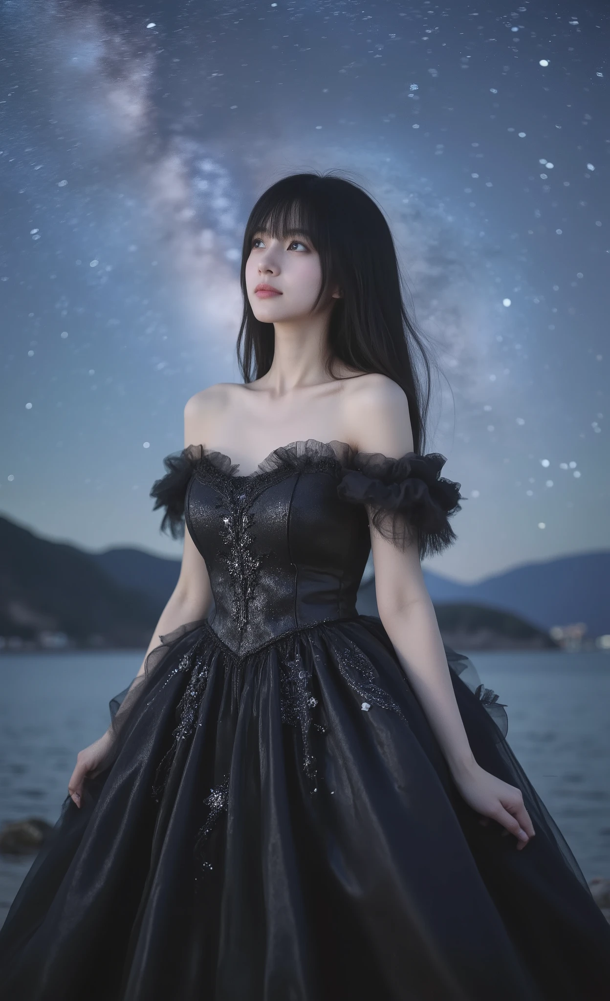 A stunning young woman with a delicate blend of Korean and Chinese beauty, sharp and elegant facial features, porcelain skin. She has very long, silky, jet-black hair with bangs. Her body is slender, with a modest chest, elegant proportions. She is wearing a magnificent black princess gown, flowing and elegant, with intricate details, lace and subtle sparkling accents, resembling a royal fantasy dress. The gown glimmers softly under the starlight, giving her a majestic yet graceful aura. She gazes calmly at the night sky, with a soft subtle smile. Behind her stretches a breathtaking cosmic panorama: a star-filled night sky with a curved, magnificent Milky Way glowing across the heavens. Starlight reflects gently on her gown and hair, creating an ethereal, fantasy-like atmosphere. Keywords: ultra-detailed, fantasy princess gown, cinematic lighting, magical night sky, majestic, ethereal glow, celestial beauty.
