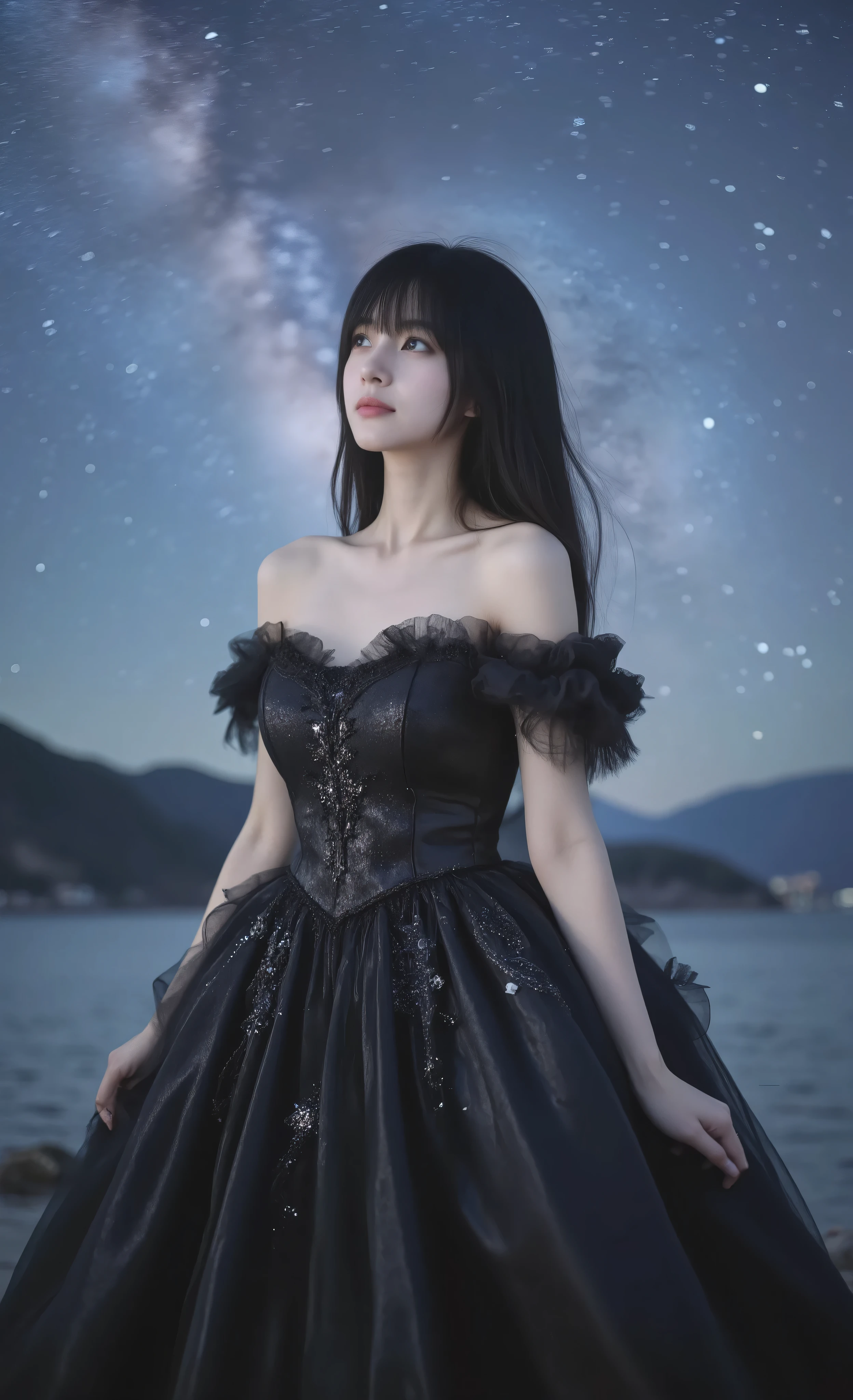 A stunning young woman with a delicate blend of Korean and Chinese beauty, sharp and elegant facial features, porcelain skin. She has very long, silky, jet-black hair with bangs. Her body is slender, with a modest chest, elegant proportions. She is wearing a magnificent black princess gown, flowing and elegant, with intricate details, lace and subtle sparkling accents, resembling a royal fantasy dress. The gown glimmers softly under the starlight, giving her a majestic yet graceful aura. She gazes calmly at the night sky, with a soft subtle smile. Behind her stretches a breathtaking cosmic panorama: a star-filled night sky with a curved, magnificent Milky Way glowing across the heavens. Starlight reflects gently on her gown and hair, creating an ethereal, fantasy-like atmosphere. Keywords: ultra-detailed, fantasy princess gown, cinematic lighting, magical night sky, majestic, ethereal glow, celestial beauty.