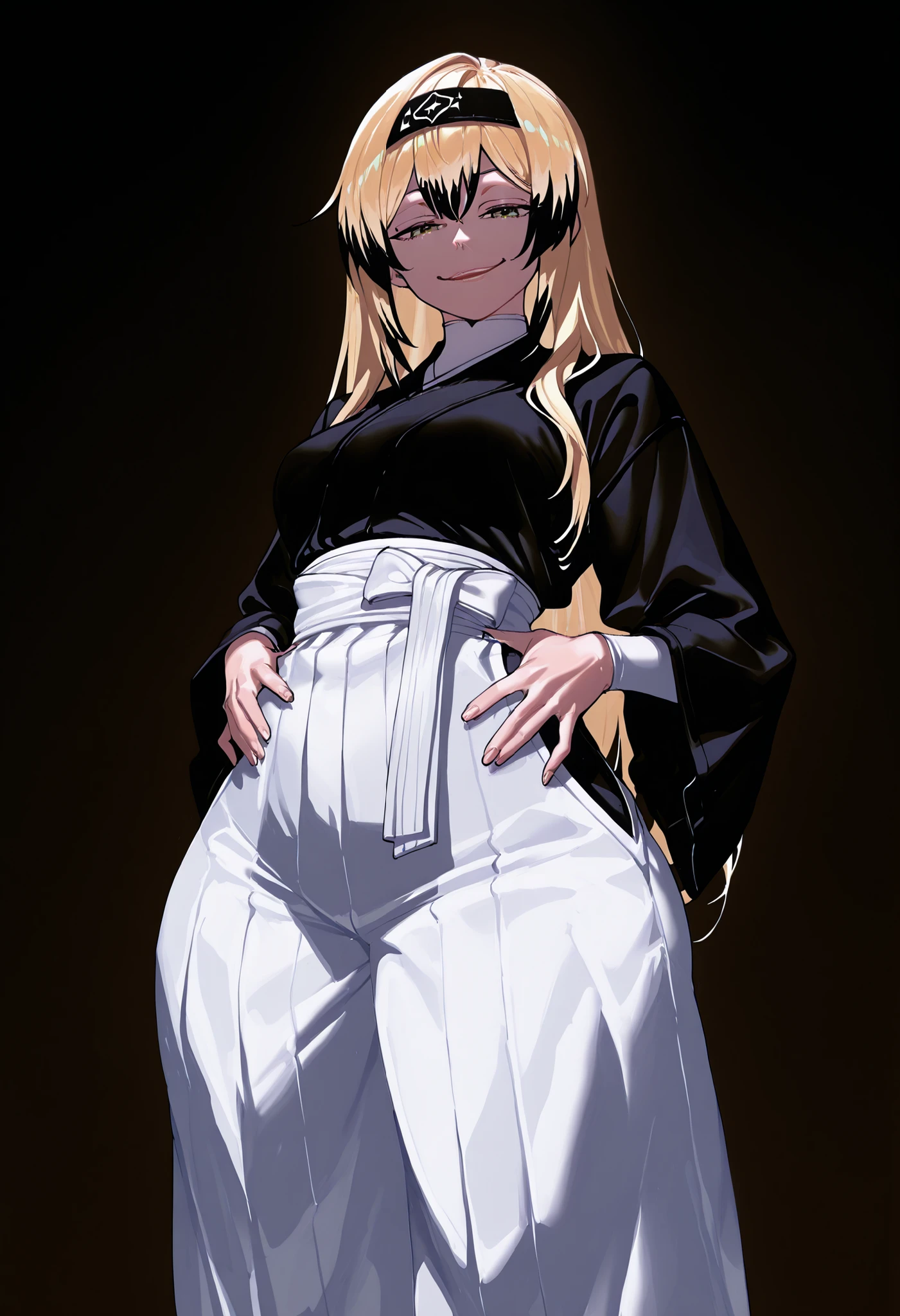 1 girl, blonde hair with black tips, arrogant smile, white hakama pants, black clothing, hands on waist, dark background, naoya zenin, nyantcha style, Big , long hair, black headband, high rise, loose hair, long sleeve
