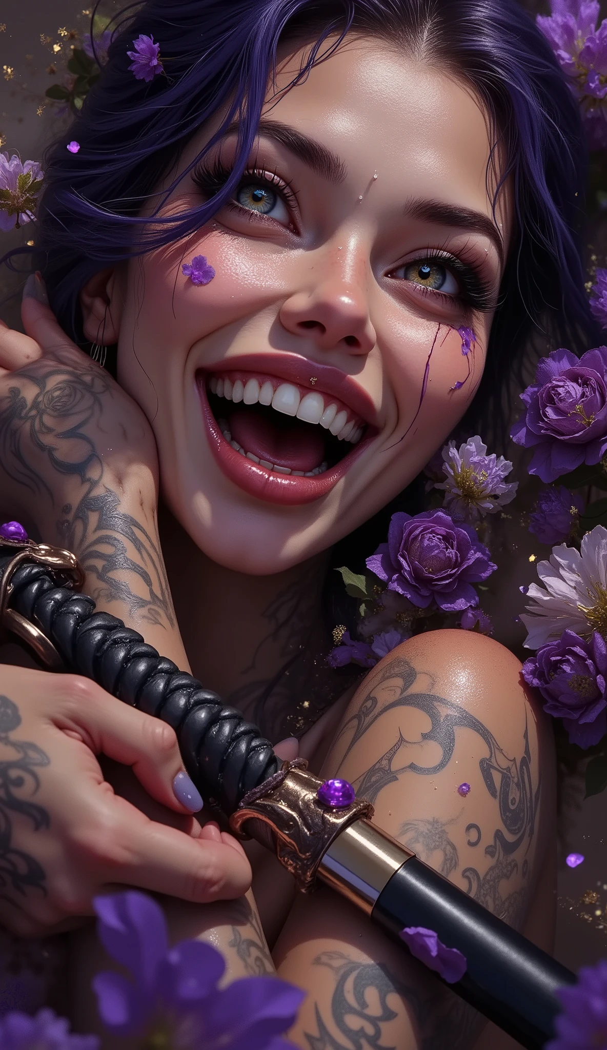 A hyper-detailed anime-style ultra close-up of a pale-skinned woman captured in a moment of triumphant celebration. Her head is thrown back in joyful laughter, her body relaxed yet vibrant with victorious energy. A radiant, unguarded smile illuminates her face, her lips parted to reveal (a glint of cheerful canines:1.2). Her eyes, crinkled at the corners with genuine happiness, sparkle with tears of joy. They are (bright and full of light:1.4), looking upwards, accentuated by (elegant eyeliner:1.3) and (vibrant purple eyeshadow:1.4) that now enhances her joyful expression rather than her ferocity.
She holds the black katana loosely and confidently, the blade—etched with Japanese characters that now glow with a warm, golden light—resting effortlessly on her shoulder. Several strands of her dark purple hair playfully frame her laughing face. The intricate (tribal tattoos:1.5) on her forearm seem to dance with a gentle, happy light rather than pulse with combat energy, complementing the (vivid rose tattoo:1.4) on her upper arm that blossoms with color.
Her long, pointed nails, shimmering with elaborate (purple nail art:1.5), tap lightly on the katana's ornate hilt wrapped in black and violet threads, a gesture of casual triumph. Wisps of sheer fabric float joyfully around her head and shoulders, catching an ethereal light. The background has transformed into a celebratory explosion of (golden:1.4) and (vibrant purple:1.5) hues, with soft, swirling sparkles and light particles, creating an atmosphere of euphoric victory. The lighting is cinematic and (warmly focused:1.4), highlighting the joyful tears on her cheeks, the softness of her skin, and the warm glow of the katana. The overall composition masterfully captures the ecstatic release after battle, emphasizing the beautiful fusion of powerful victory and pure, unadulterated joy—an anime masterpiece of triumph and elation