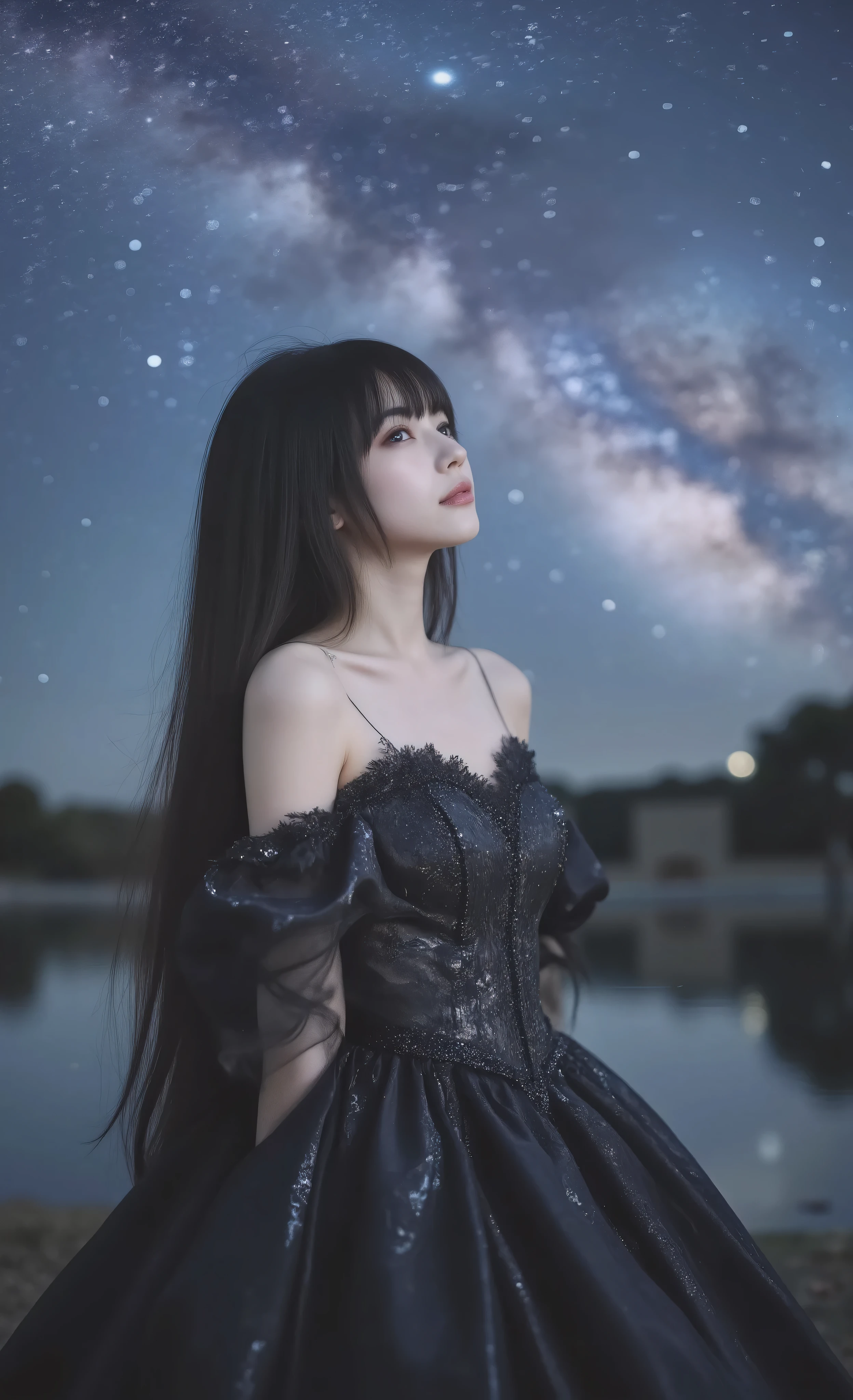 A stunning young woman with a delicate blend of Korean and Chinese beauty, sharp and elegant facial features, porcelain skin. She has very long, silky, jet-black hair with bangs. Her body is slender, with a modest chest, elegant proportions. She is wearing a magnificent black princess gown, flowing and elegant, with intricate details, lace and subtle sparkling accents, resembling a royal fantasy dress. The gown glimmers softly under the starlight, giving her a majestic yet graceful aura. She gazes calmly at the night sky, with a soft subtle smile. Behind her stretches a breathtaking cosmic panorama: a star-filled night sky with a curved, magnificent Milky Way glowing across the heavens. Starlight reflects gently on her gown and hair, creating an ethereal, fantasy-like atmosphere. Keywords: ultra-detailed, fantasy princess gown, cinematic lighting, magical night sky, majestic, ethereal glow, celestial beauty.