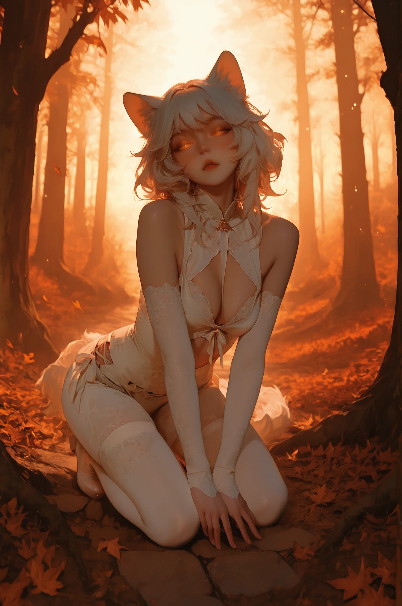 triangle mouth, solo, full body, cat girl, 4K, hyperrealistic, detailed facial features, feline ears, whimsical expression, slender body, graceful pose, detailed fur texture, glowing eyes, ambient lighting, fantasy forest background, volumetric fog, warm color palette, detailed leaves, magical atmosphere, digital painting