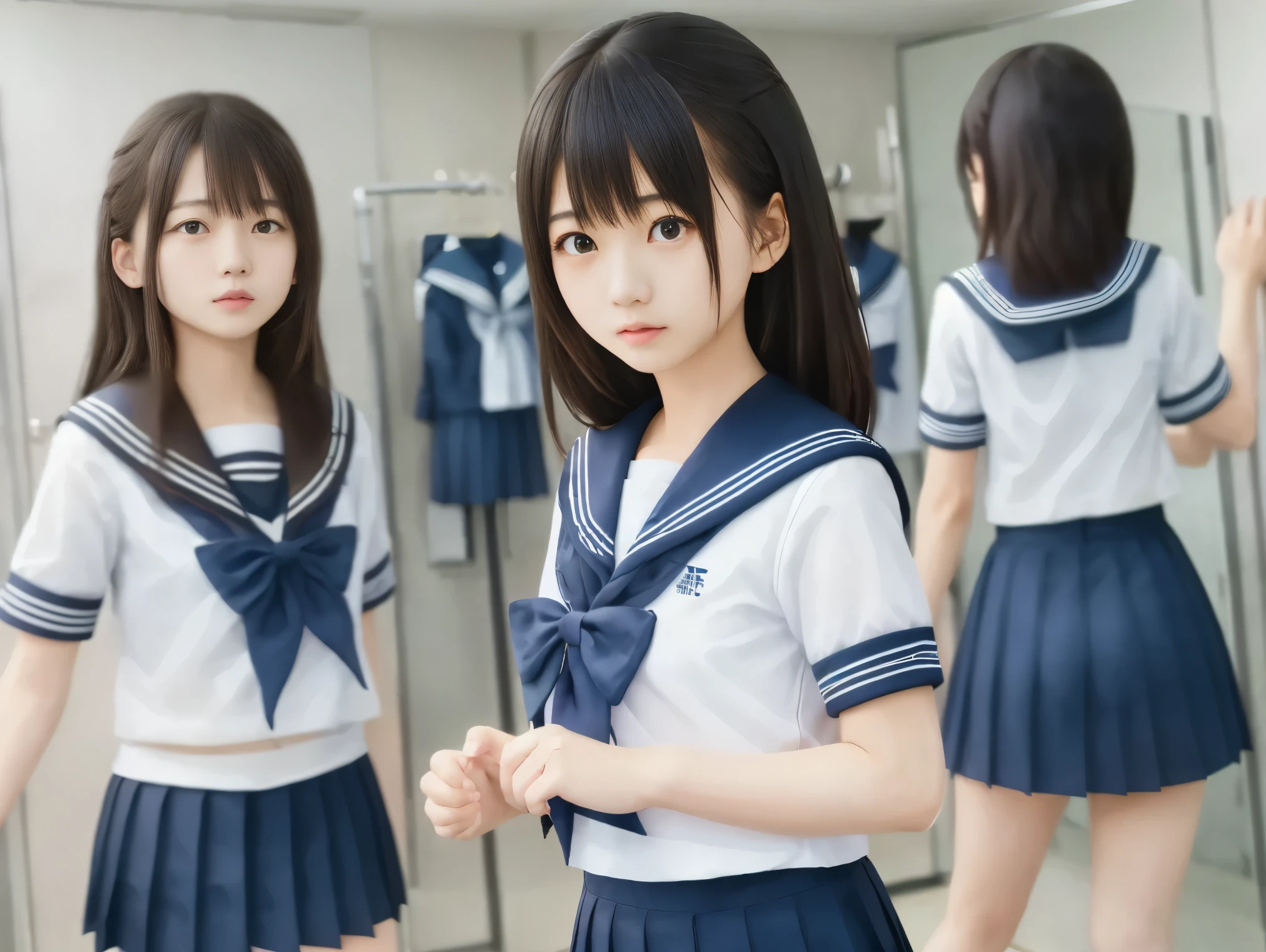 very detailed, A few young Japanese high school students, (((girls' school sailor uniform、navy blue mini skirt)))、without accessories or makeup, After swimming class，In the changing room，happily changing into uniforms