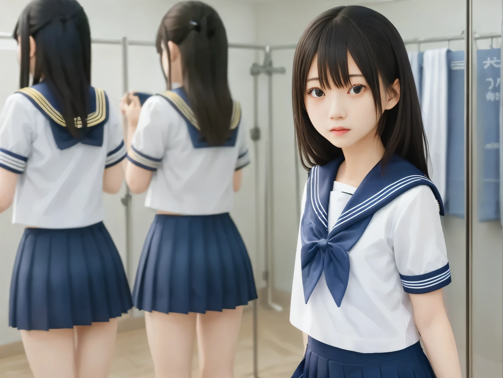 very detailed, A few young Japanese high school students, (((girls' school sailor uniform、navy blue mini skirt)))、without accessories or makeup, After swimming class，In the changing room，happily changing into uniforms
