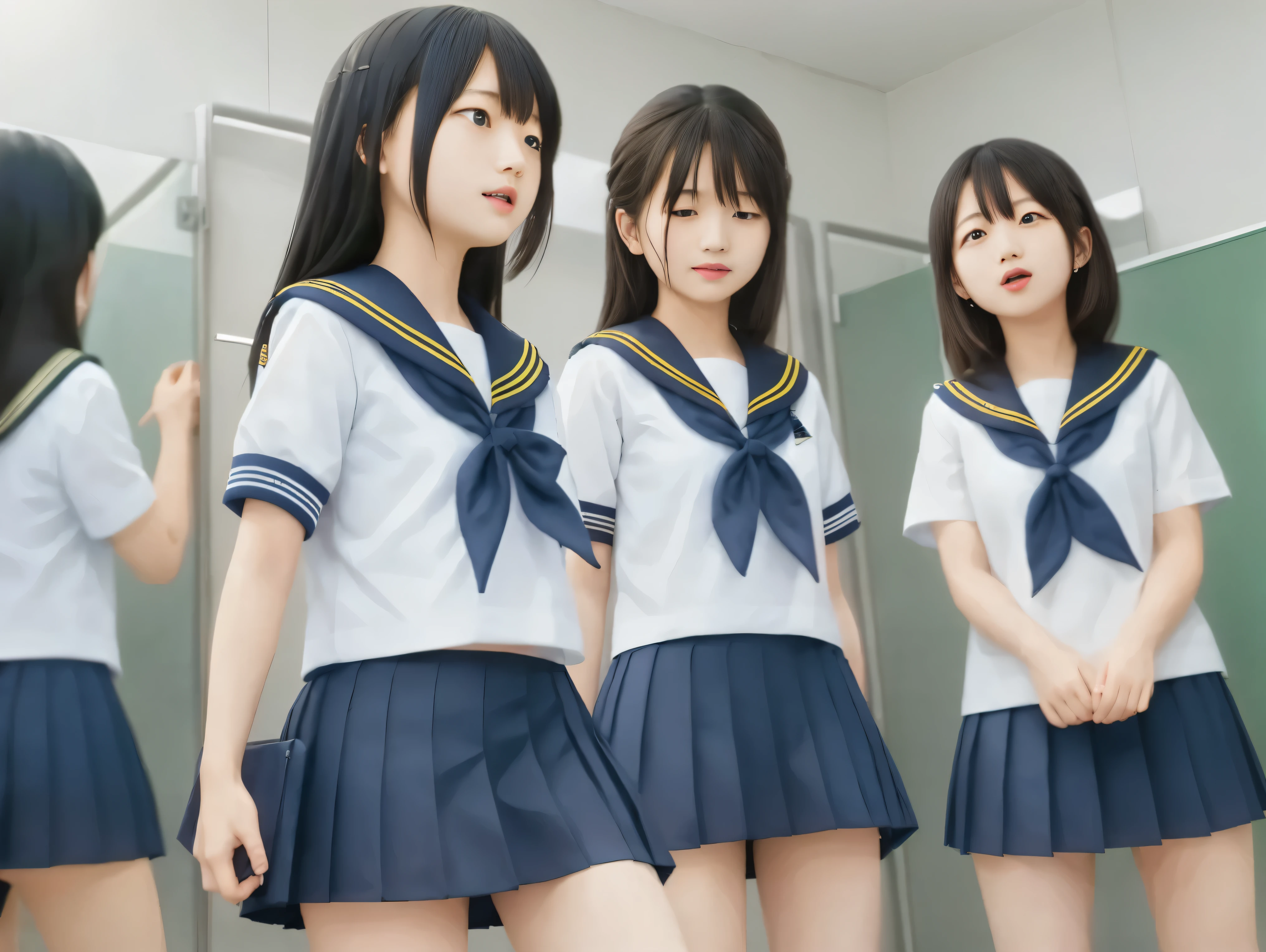 very detailed, A few young Japanese high school students, (((girls' school sailor uniform、navy blue mini skirt)))、without accessories or makeup, After swimming class，In the changing room，happily changing into uniforms