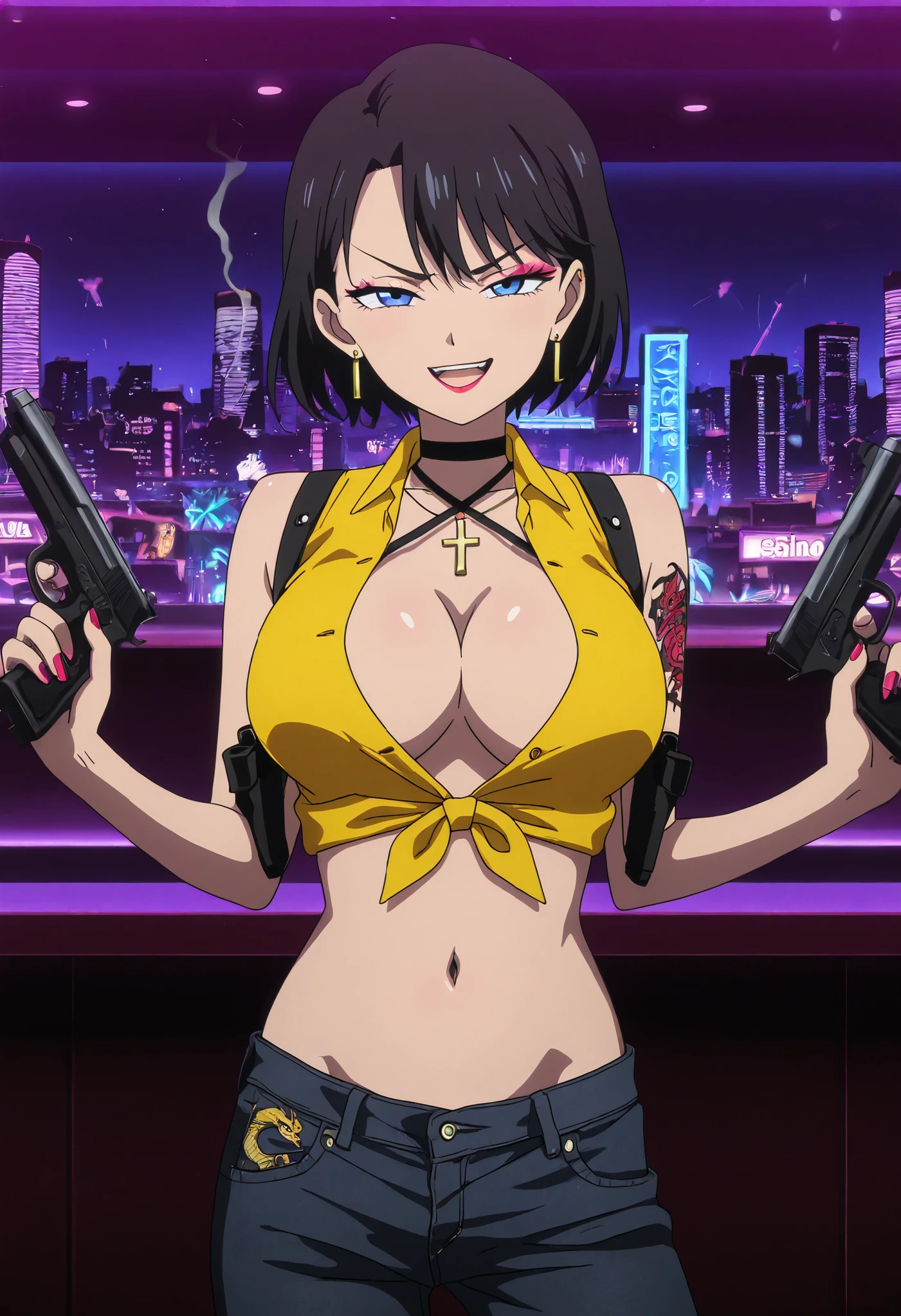 masterpiece, best quality, amazing quality, girl, short hair, black hair, blue eyes, loop earrings,,nail polish , , makeup , ear piercing , long hair , lipstick , Hot girl , baddie , smoking , sensual , attractive , choker , cross necklace , yellow top, sleeveless, , , solo,bar background, inside bar, indoors, cityscape, casino, nightclub, city lights,, pull_down jeans(show off panties,:1.2, no panties),masterpiece,high quality,4k,belly,,holding pistol,cleavage, tied shirt,,unbuttoned shirt, collared shirt, knot, smile, open mouth, () , evil expression,belly, exposed navel, exposed midriff, exposed lower belly,dragon print jacket, unbuttoned jeans , low rise black jeans, Low rise jeans with open fly, motorcycle jacket, criss-cross halter with center opening, shoulder holster, navel ,medium large ,,looking at viewer , dragon tattoo on waist, narrowed eyes, tattoo on waist, anipai_style , anime screencap , anime coloring, v-shape eyebrows,