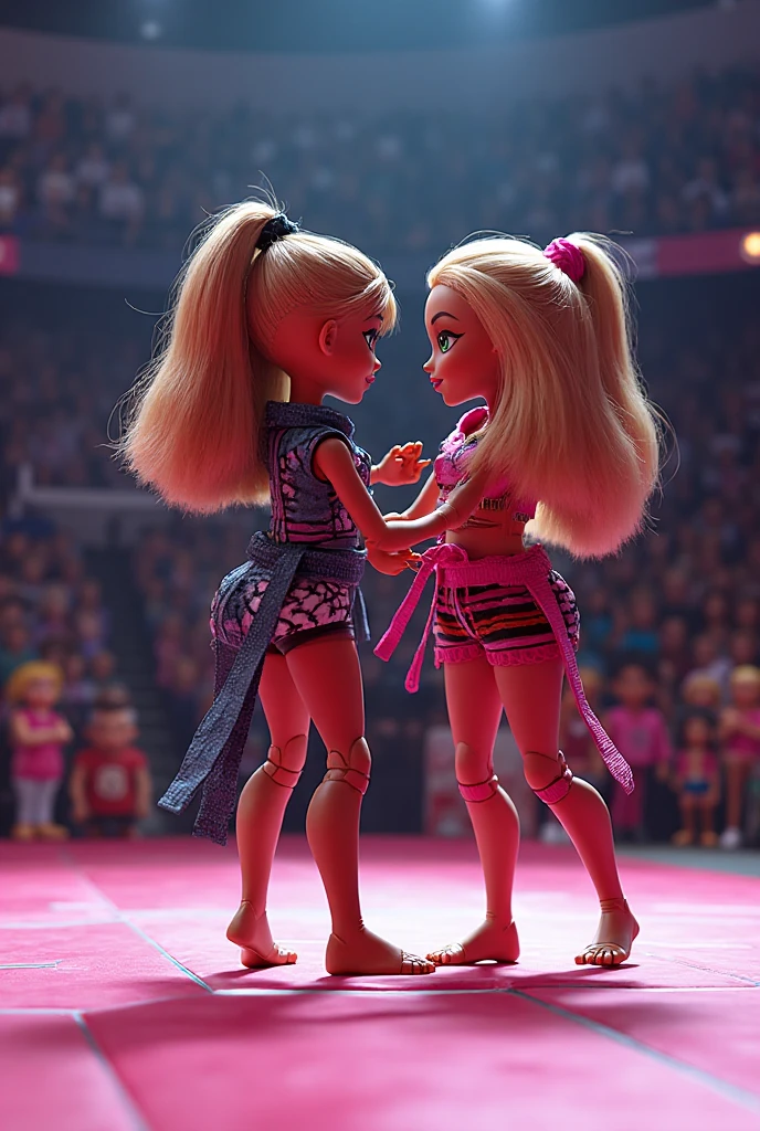 masuter piece、top-quality、8K、Impresionismo、Photorealsitic、Women's Pro Wrestling、dynamicposes、Leotard、dazzling lights、professional wrestling、An enthusiastic crowd is watching、Two women in latex wrestling costumes are posing for a picture、sex battle,cat fight,