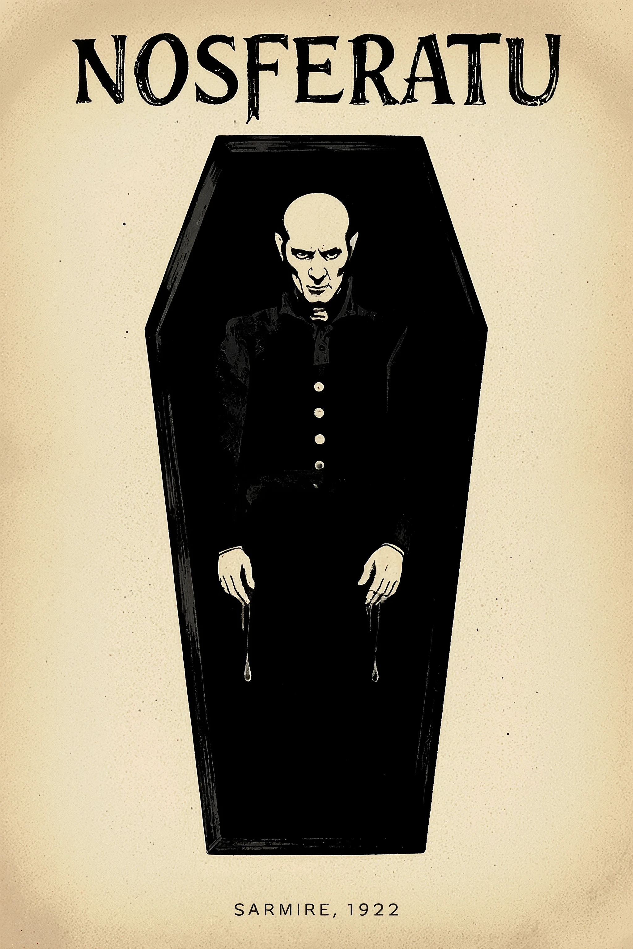 Depressive Black,Minimal art, Vector Art,Dark coffin illustration、The shadow of the coffin is a thin, creepy silhouette of Nosferatu with a bald head and nervous、sophisticated design、mono、classic horror movie poster design、beautiful yet terrifying atmosphere、simple geometry的なデザイン、The black coffin is placed straight against the background、Drops of water like blood are falling quietly on the coffin、棺桶の上部にはgothicのテキストで「Nosferatu 1922」 CD jacket with the title 、Simple structure and calm atmosphere unique to movie posters、Deep Shadows、simple geometry、Minimalistic Design、The deep black contrast、It exudes a mysterious and eerie atmosphere、dramatic storytelling、gothic、dark atmosphere、