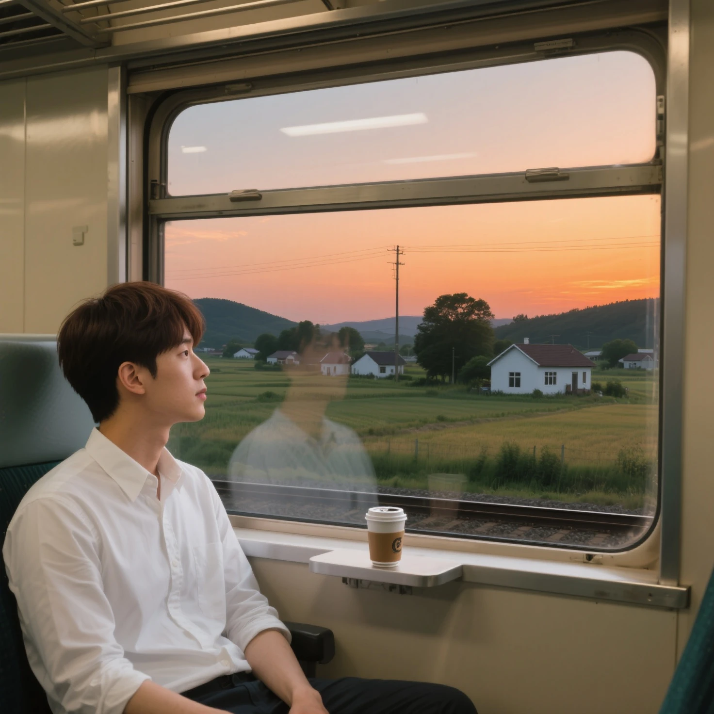 (masterpiece, High Quality, High Precision, Photo Realistic), evening, Inside the train running through the countryside, One Korean man sitting in a seat and looking out of the window(25), short dark brown hair, white shirt, Looking out of the glass window with a nostalgic expression, Reflects in the glass window and the man can be seen faintly, canned coffee on the underside frame of the glass window, ガラス窓の向こうにはeveningの田舎の田園風景とまばらな小さな白っぽい家屋, eveningの橙色の空