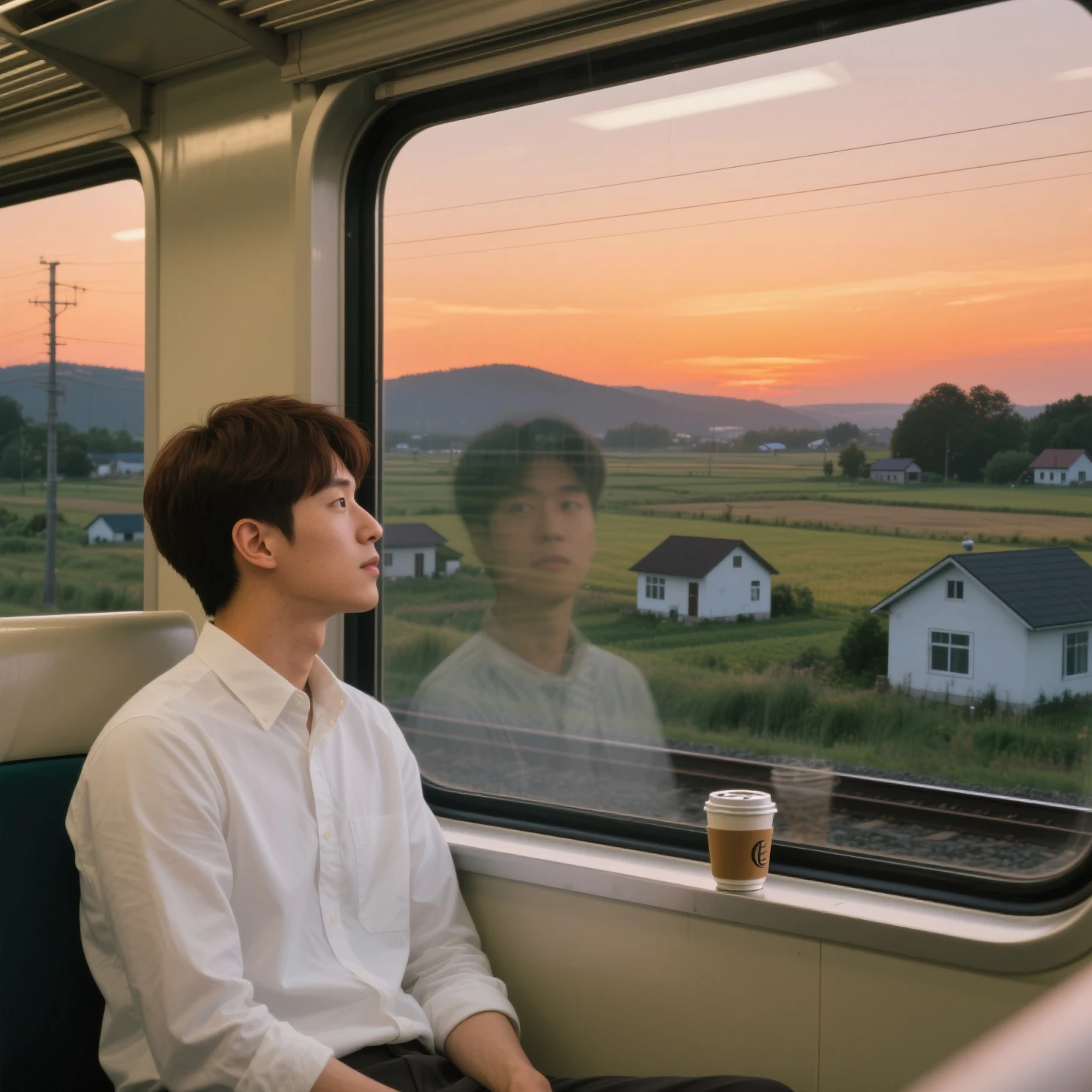 (masterpiece, High Quality, High Precision, Photo Realistic), evening, Inside the train running through the countryside, One Korean man sitting in a seat and looking out of the window(25), short dark brown hair, white shirt, Looking out of the glass window with a nostalgic expression, Reflects in the glass window and the man can be seen faintly, canned coffee on the underside frame of the glass window, ガラス窓の向こうにはeveningの田舎の田園風景とまばらな小さな白っぽい家屋, eveningの橙色の空