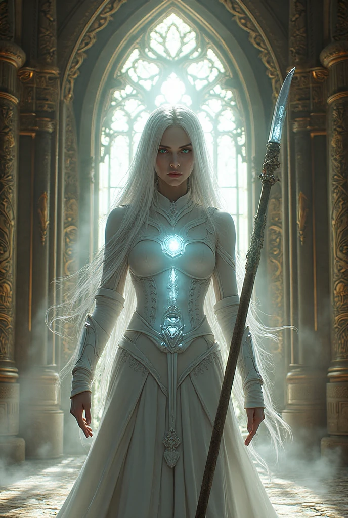 High quality, a female drow dark elf with white long hair and white ...