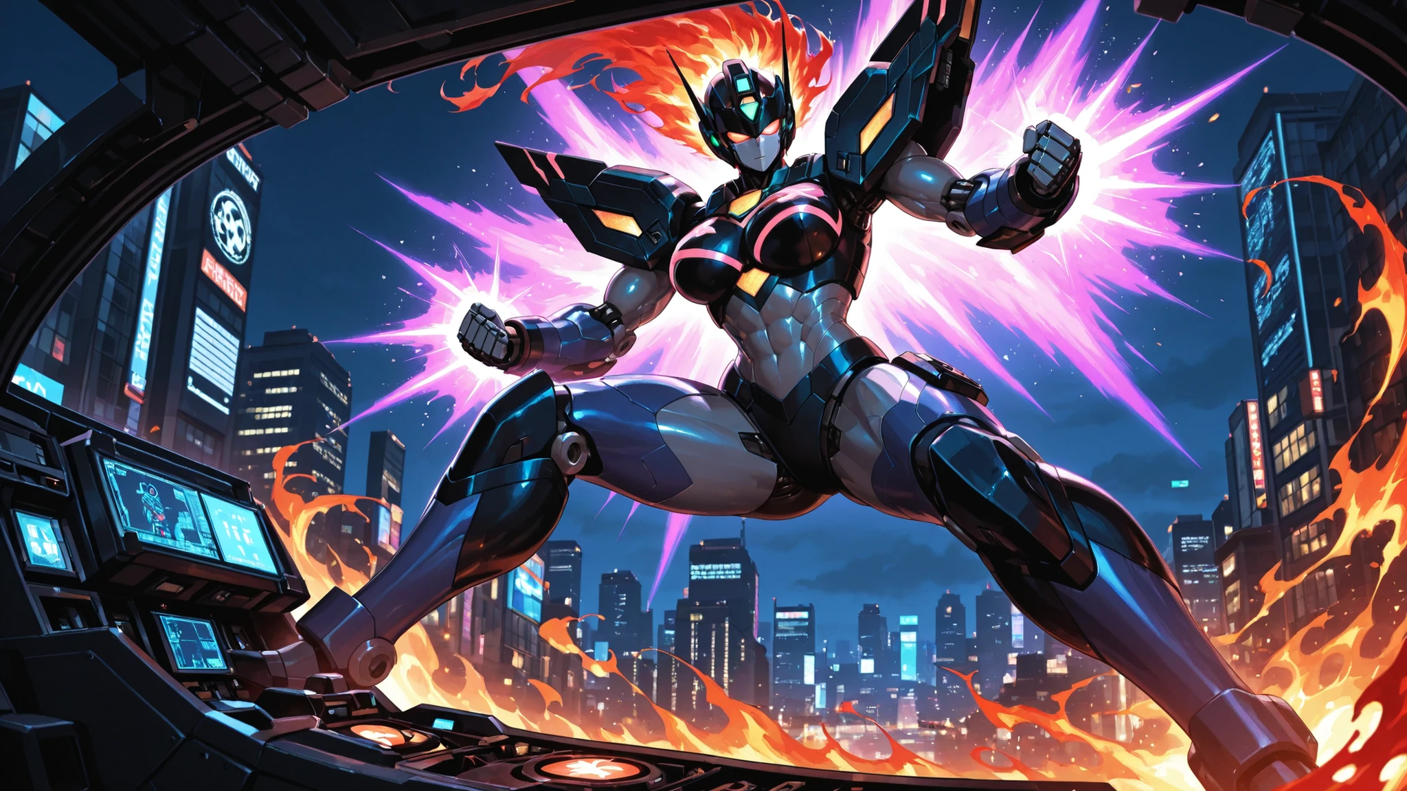 Super Robot Warrior Girl、Giant Robot Cockpit、Hot Blood Battle Pose、V Finder Equipment、Mechanical Bodysuit、Flame Effect、powerful muscle expression、 Future city night scene 、Energy Wave、dramatic lighting