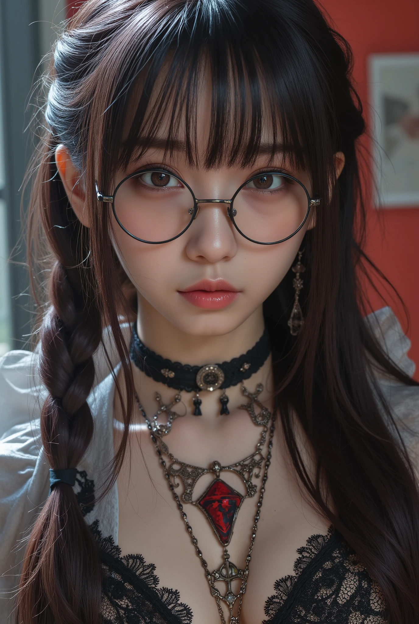 ( Highest Quality, best illustrations,high image quality:1.2), (Horror Fantasy:1.5), (ink and watercolor:1.5),(Ominous Scenery :1.5),(A lot of dust rises:1.5),( Dirt Track :1.5),(wonderful:1.5),(masterpiece:1.5), (Powerful figures:1.1、Big Breasts:1.3) 、 ((((glasses、Closeup Shot, cute、 Red Eyes、 Evil Ruby's Cursed Necklace )))),(((glasses、Big Breasts、 braids)))、 cute face, raise eyebrows , ,(Fatal Beauty, charming beauty ) ,(Mysterious Charm:1.1),(Big Breasts、attractive silhouette), high image qualityテクスチャ 、High Quality Shadows、 beautiful and delicate face 、 beautiful, delicate, eyes are sticky liquid dripping 、 ray tracing 、 20th Generation、 cute K-POP girl、( The Face of Korea )、Thin face、( Ulzan-6500-v1.1:0.6)、 Face of Pure Loss _v1 , ( beautiful and delicate face , beautiful and delicate eyes, perfectly balanced face , high image quality skin , detailed skin, lens flares {x} perfect ratio 4 fingers to 1 thumb :1.25)、 DSLRs、 地獄から来たbeautiful悪魔女 , ATTRACTIVE GIRL , Real Girls, Gurwitz, Gurwitz-style Artwork , Girl Roleplay, Realistic 3d style, cgstation Popular Topics,, 8k portrait rendering BYMR. nomi ,(truth,truth:1.4,glassesの少女 :1.2)、cheek、 glossy lips, 1. オーバーサイズ comment: comment、 come up with an oversized design that covers shoulder to knee.。 navy blue or black are standard colors .、[ Soft khaki or beige , wait.、 Pick the right color for the season 。 2. choose the color that suits your skin : To protect yourself from the cold、 choose the color that suits your skin 、 ニットの質感と色を commentに合わせてください .。 3. ワイドレッグ pants: pants, choose a wide leg design 、combines mobility and style。Dark tone denim or black pants look great.。 4. knee-high boots: オーバーサイズ commentに含まれるもの、boots are black or dark brown Match the texture and color of the fashionable.、 Gives a stylish impression 。 5. accessories: The 。 Disney 、 long necklace 、6. handbag: handbag、let's match the color of your outfit.