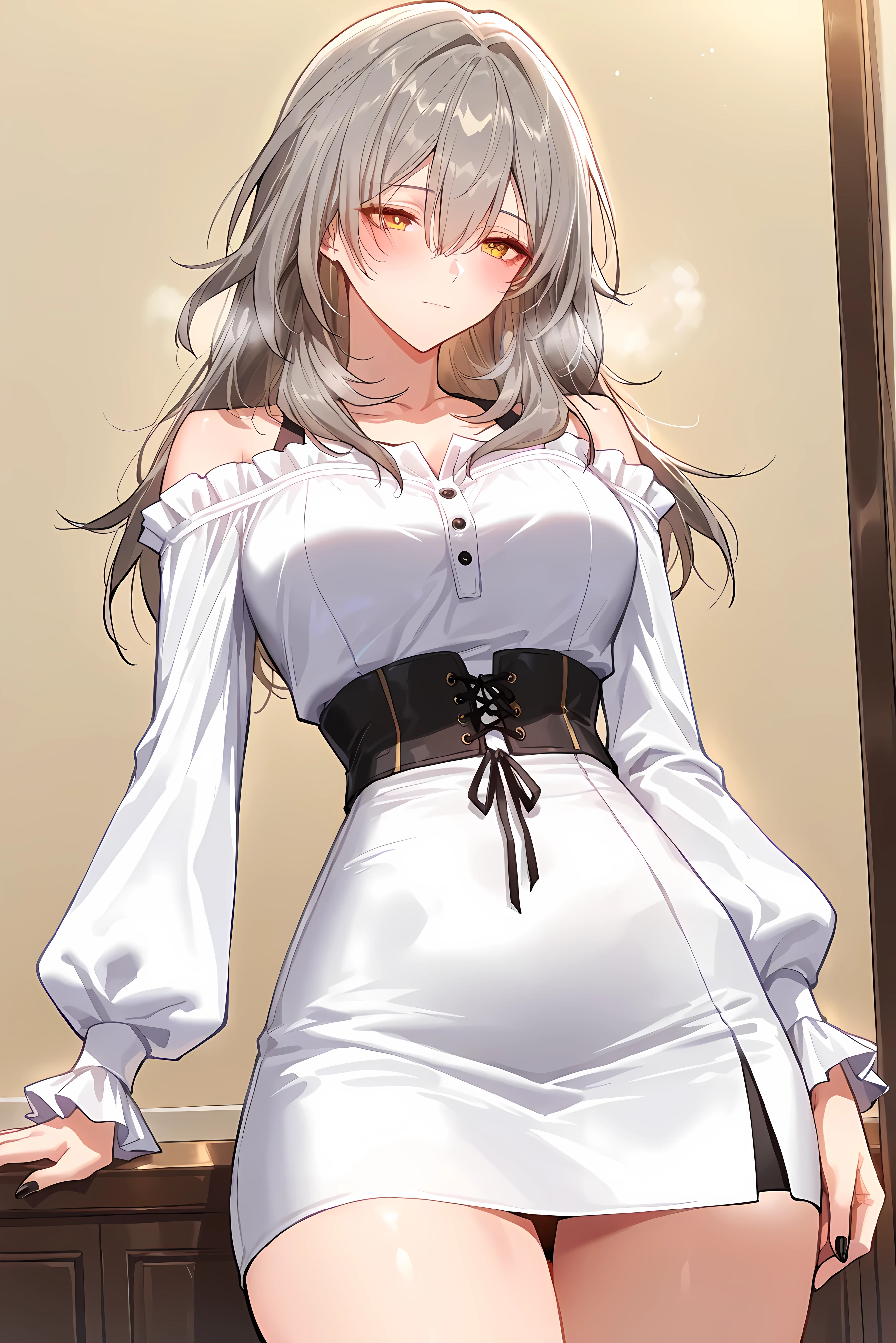 score_9, score_8_up, score_7_up, masterpiece, best quality, very aesthetic, absurdres, tunning image, attractive image, solo, 1girl, adult grown woman, stelle (honkai: star rail), grey hair, bangs, hair between eyes, long hair, yellow eyes, medium breasts, heavy breathing, closed mouth, masterpiece,best quality,amazing quality, ero404, noona, 5 fingers, black nail, salternate costume, female outfit, striped off-shoulder blouse, button-up design, corset lace-up sides, long sleeves with wide cuffs, stylish, fitted waist, modern chic fashion, mini skirt, casual elegance, fashionable, summer look, soft fabric flow