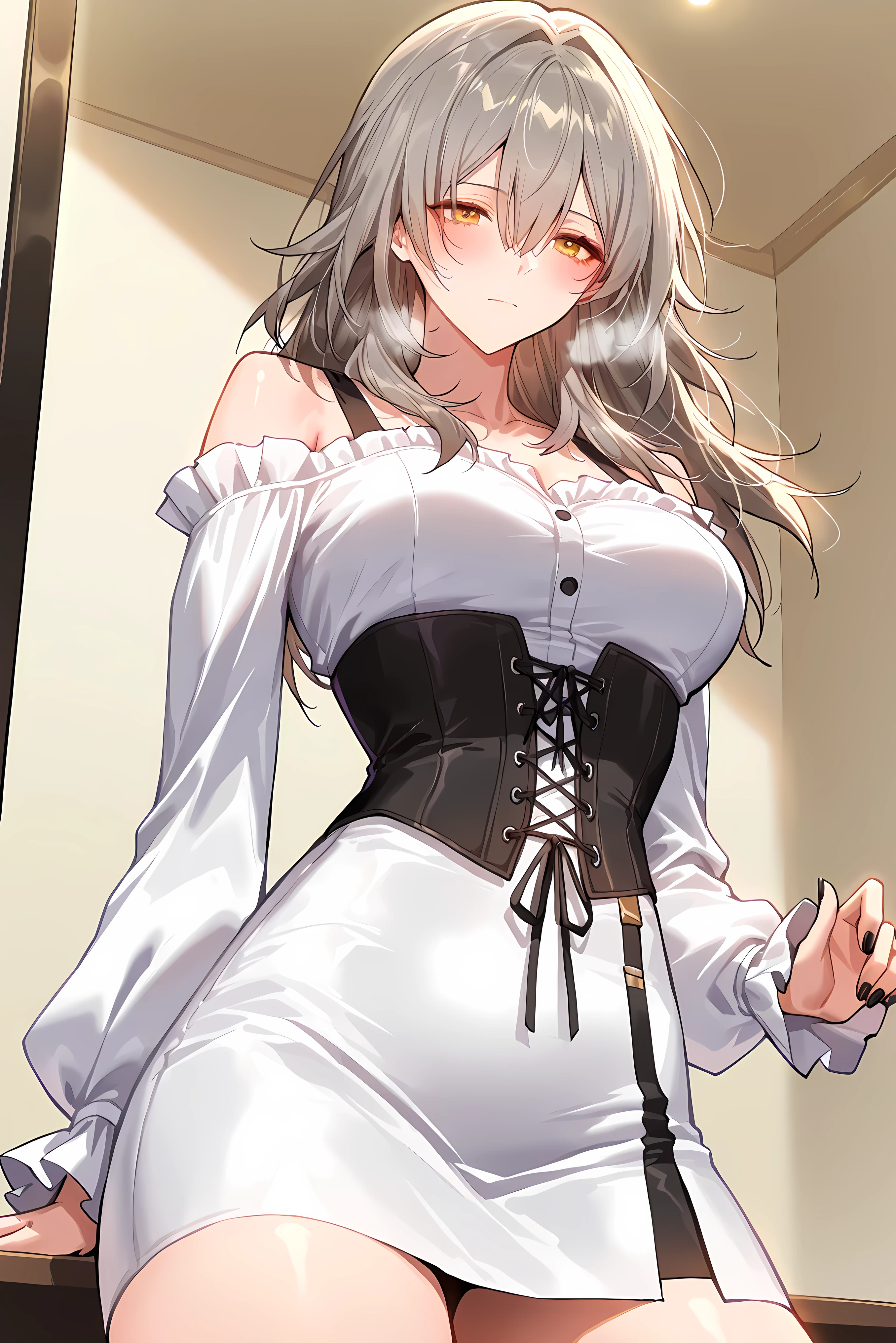 score_9, score_8_up, score_7_up, masterpiece, best quality, very aesthetic, absurdres, tunning image, attractive image, solo, 1girl, adult grown woman, stelle (honkai: star rail), grey hair, bangs, hair between eyes, long hair, yellow eyes, medium breasts, heavy breathing, closed mouth, masterpiece,best quality,amazing quality, ero404, noona, 5 fingers, black nail, salternate costume, female outfit, striped off-shoulder blouse, button-up design, corset lace-up sides, long sleeves with wide cuffs, stylish, fitted waist, modern chic fashion, mini skirt, casual elegance, fashionable, summer look, soft fabric flow