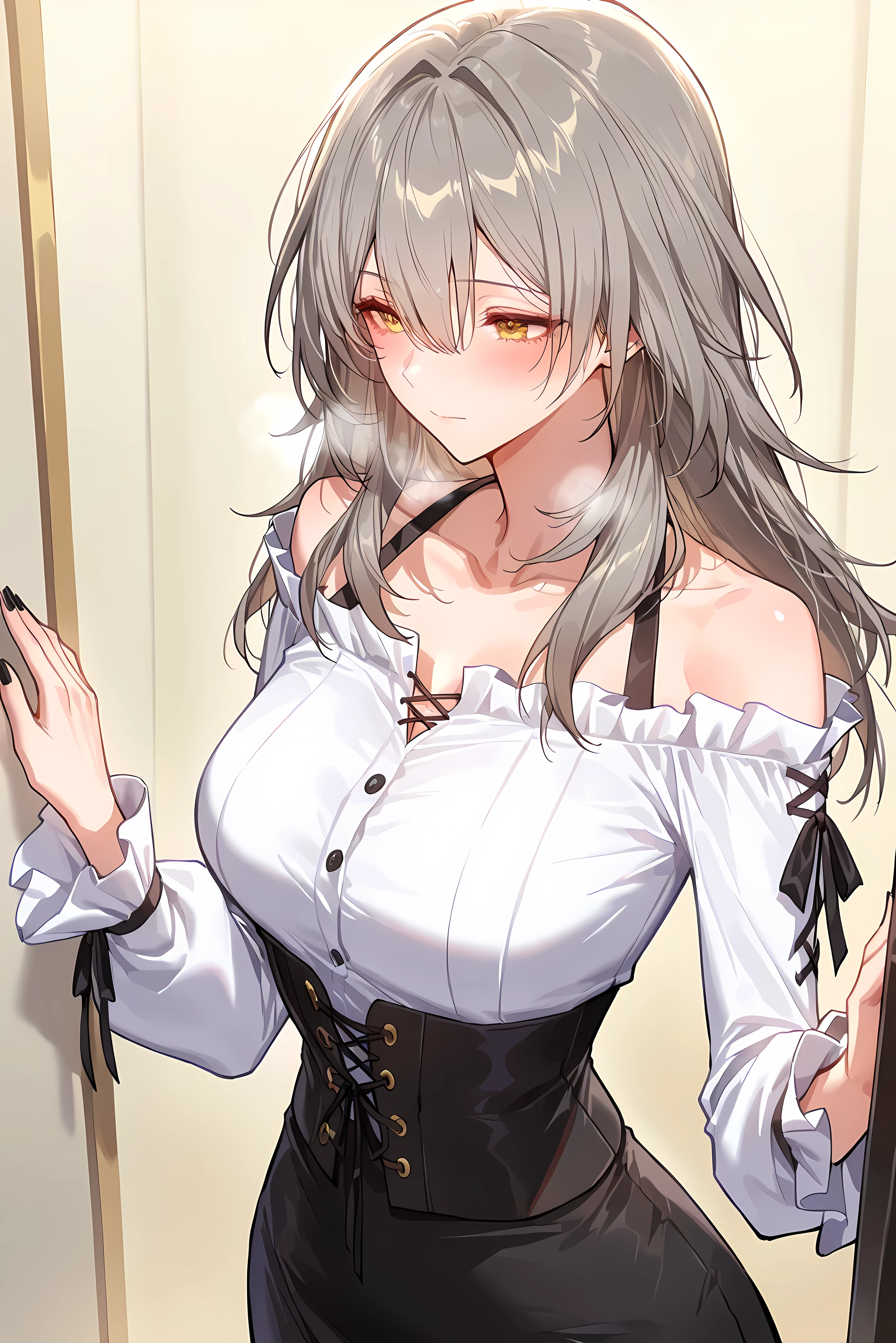score_9, score_8_up, score_7_up, masterpiece, best quality, very aesthetic, absurdres, tunning image, attractive image, solo, 1girl, adult grown woman, stelle (honkai: star rail), grey hair, bangs, hair between eyes, long hair, yellow eyes, medium breasts, heavy breathing, closed mouth, masterpiece,best quality,amazing quality, ero404, noona, 5 fingers, black nail, salternate costume, female outfit, striped off-shoulder blouse, button-up design, corset lace-up sides, long sleeves with wide cuffs, stylish, fitted waist, modern chic fashion, mini skirt, casual elegance, fashionable, summer look, soft fabric flow