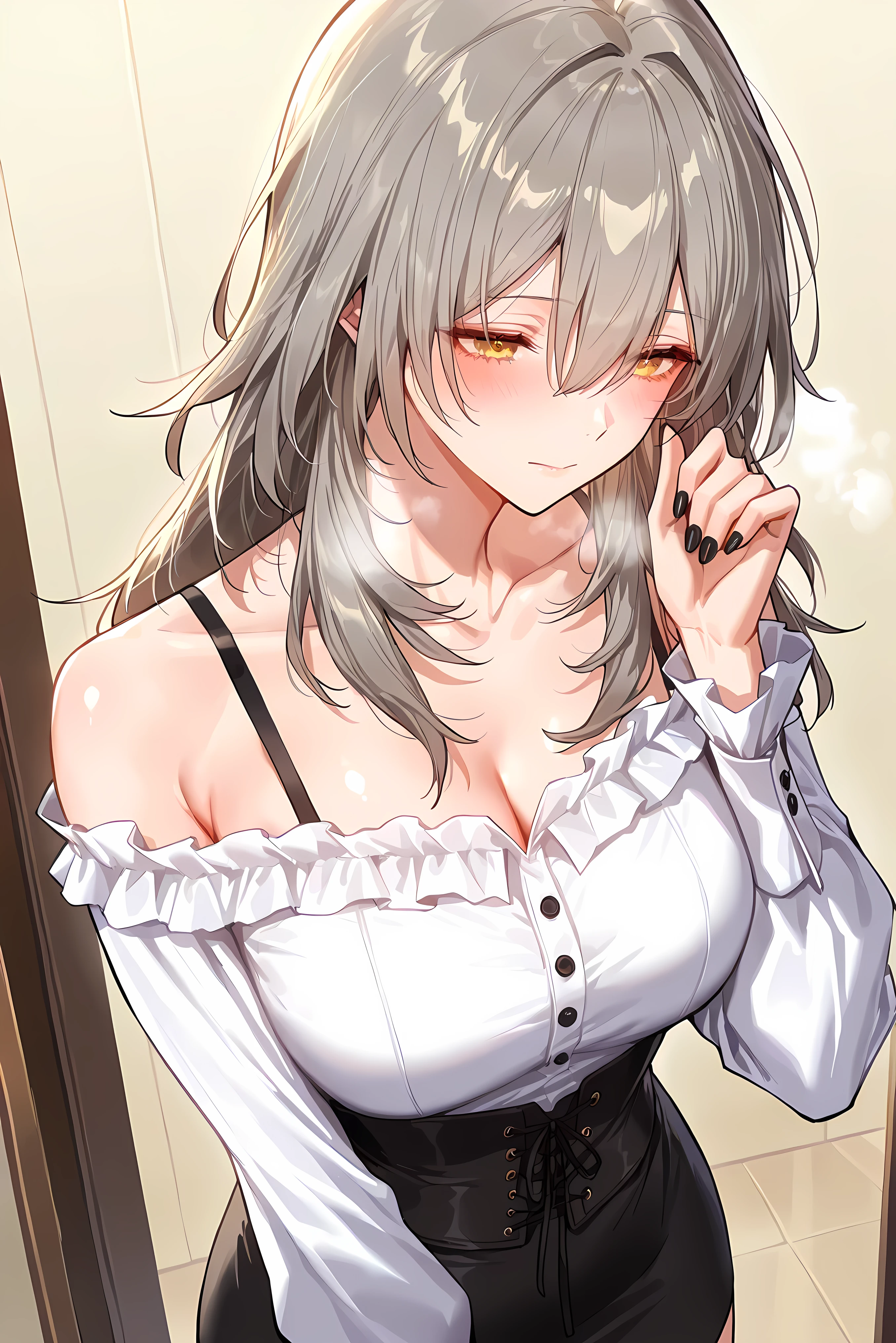 score_9, score_8_up, score_7_up, masterpiece, best quality, very aesthetic, absurdres, tunning image, attractive image, solo, 1girl, adult grown woman, stelle (honkai: star rail), grey hair, bangs, hair between eyes, long hair, yellow eyes, medium breasts, heavy breathing, closed mouth, masterpiece,best quality,amazing quality, ero404, noona, 5 fingers, black nail, salternate costume, female outfit, striped off-shoulder blouse, button-up design, corset lace-up sides, long sleeves with wide cuffs, stylish, fitted waist, modern chic fashion, mini skirt, casual elegance, fashionable, summer look, soft fabric flow