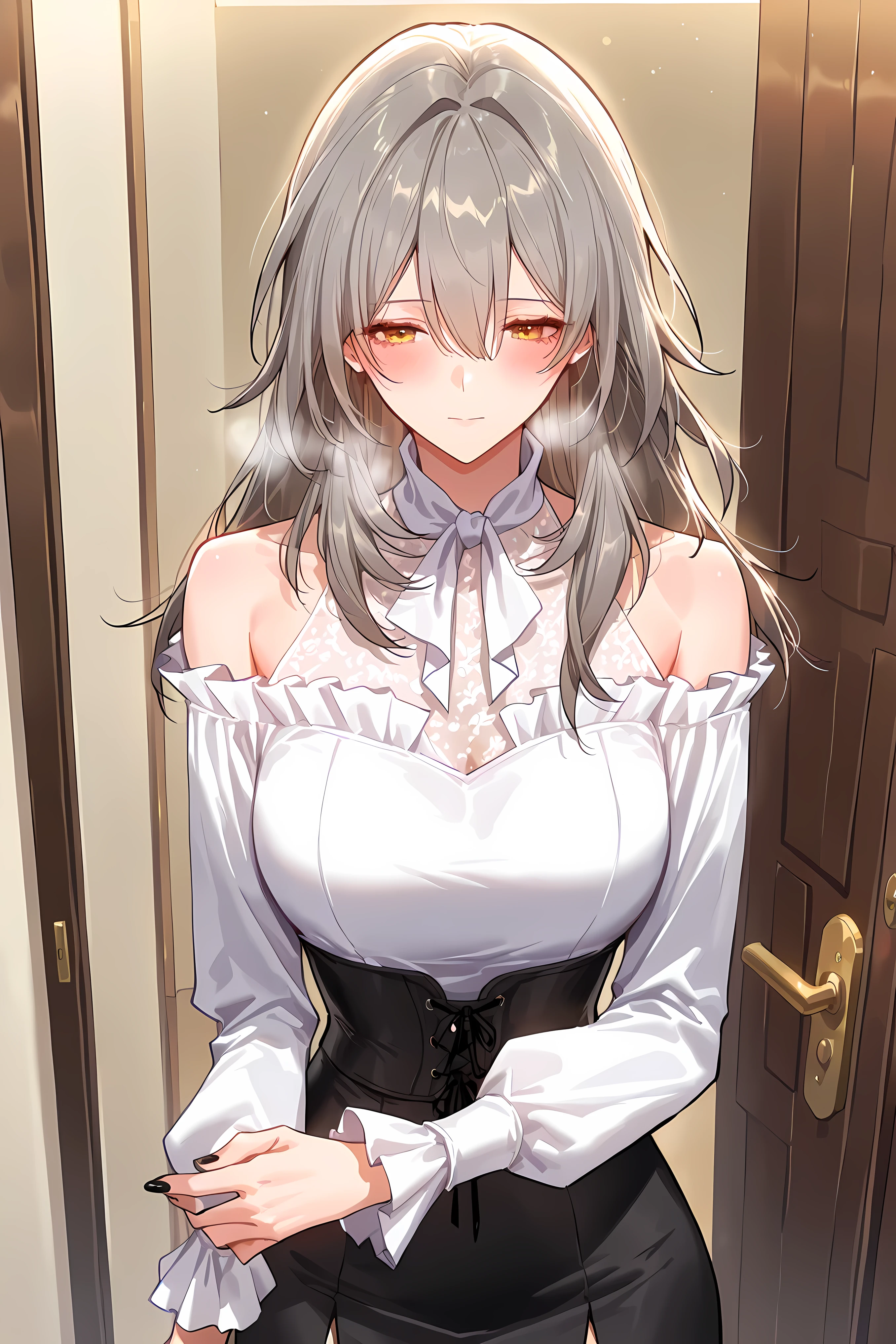 score_9, score_8_up, score_7_up, masterpiece, best quality, very aesthetic, absurdres, tunning image, attractive image, solo, 1girl, adult grown woman, stelle (honkai: star rail), grey hair, bangs, hair between eyes, long hair, yellow eyes, medium breasts, heavy breathing, closed mouth, masterpiece,best quality,amazing quality, ero404, noona, 5 fingers, black nail, salternate costume, female outfit, striped off-shoulder blouse, button-up design, corset lace-up sides, long sleeves with wide cuffs, stylish, fitted waist, modern chic fashion, black skirt, casual elegance, fashionable, summer look, soft fabric flow