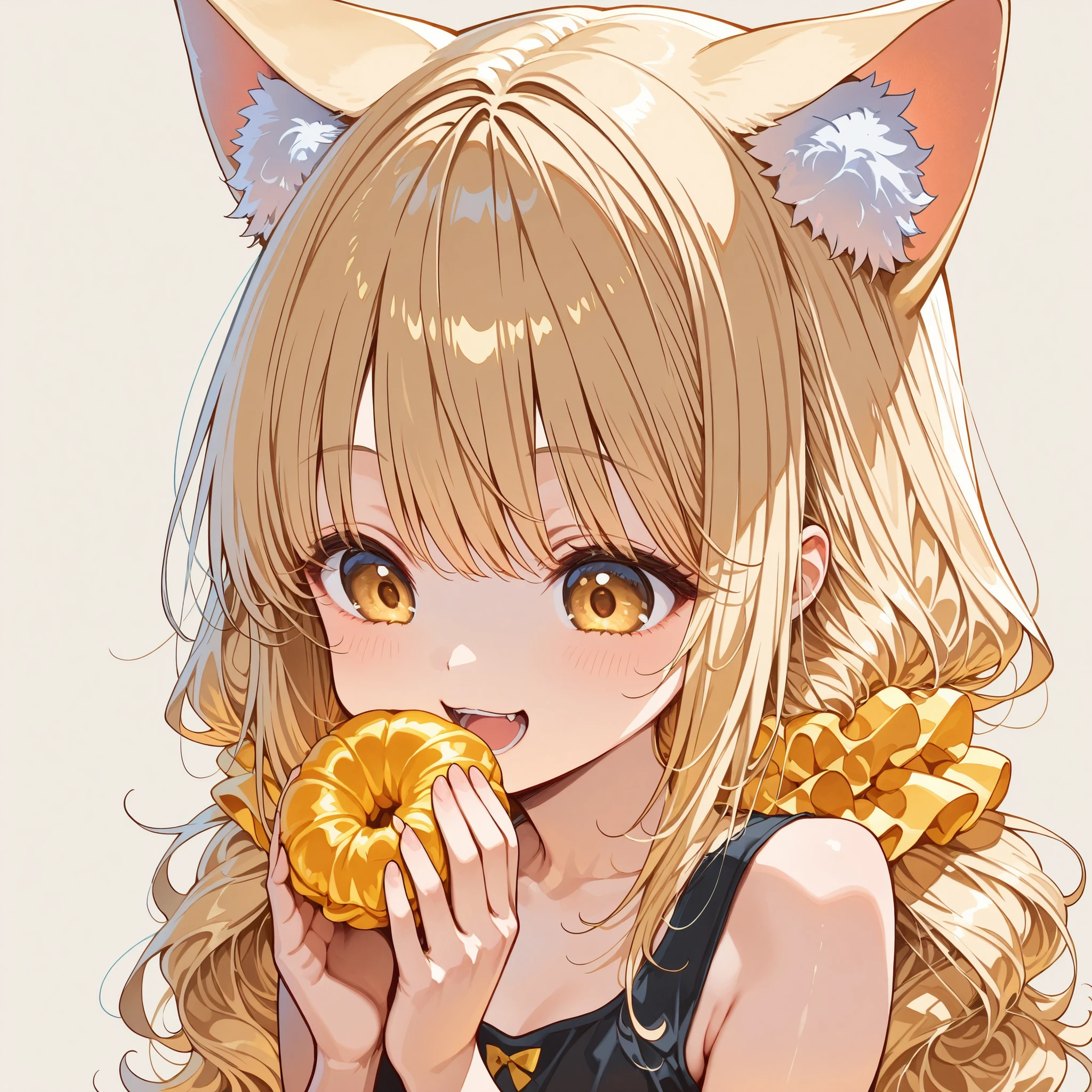 masterpiece, Highest Quality, great quality, middle hair,white blonde hair ,chibi,golden eyes,  デフォルメ, solo,Cat ears、detail、Thinning、high resolution、1 person、Without hands、solo、1 personの全身、simple background、black tank top dress、tied 2 under the face、white scrunchies、, open your mouth wide, and smile with your eyes narrowed、Look down and look down、point your hand at your opponent、Point in front
