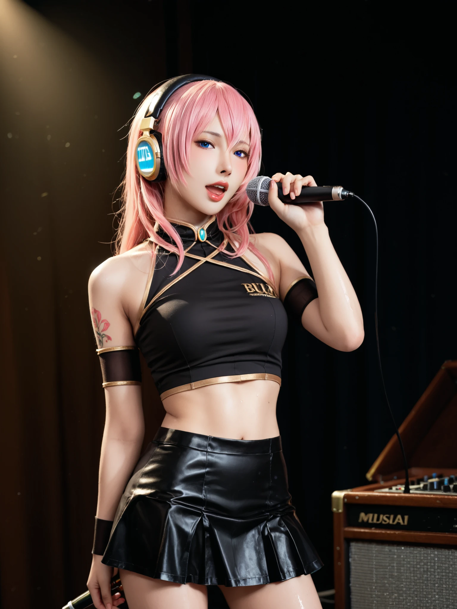 sweat,Armpit,(Soft Touch, Delicate Body Curves, Realistic human anatomy ),Luka Megurine , luka megurine, blue eyes, headphones, long hair, pink hair,arm warmers, Wristband, bare shoulder, black shirt, black skirt, Crop Top, midriff, belly button, shirt, shoulder tattoo, シングルarm warmers, skirt, tattoo,indoors, Stage, Stage lighting, sing, microphone, holding microphone, open mouth,watching viewers, Dutch Angle, cowboy shot,