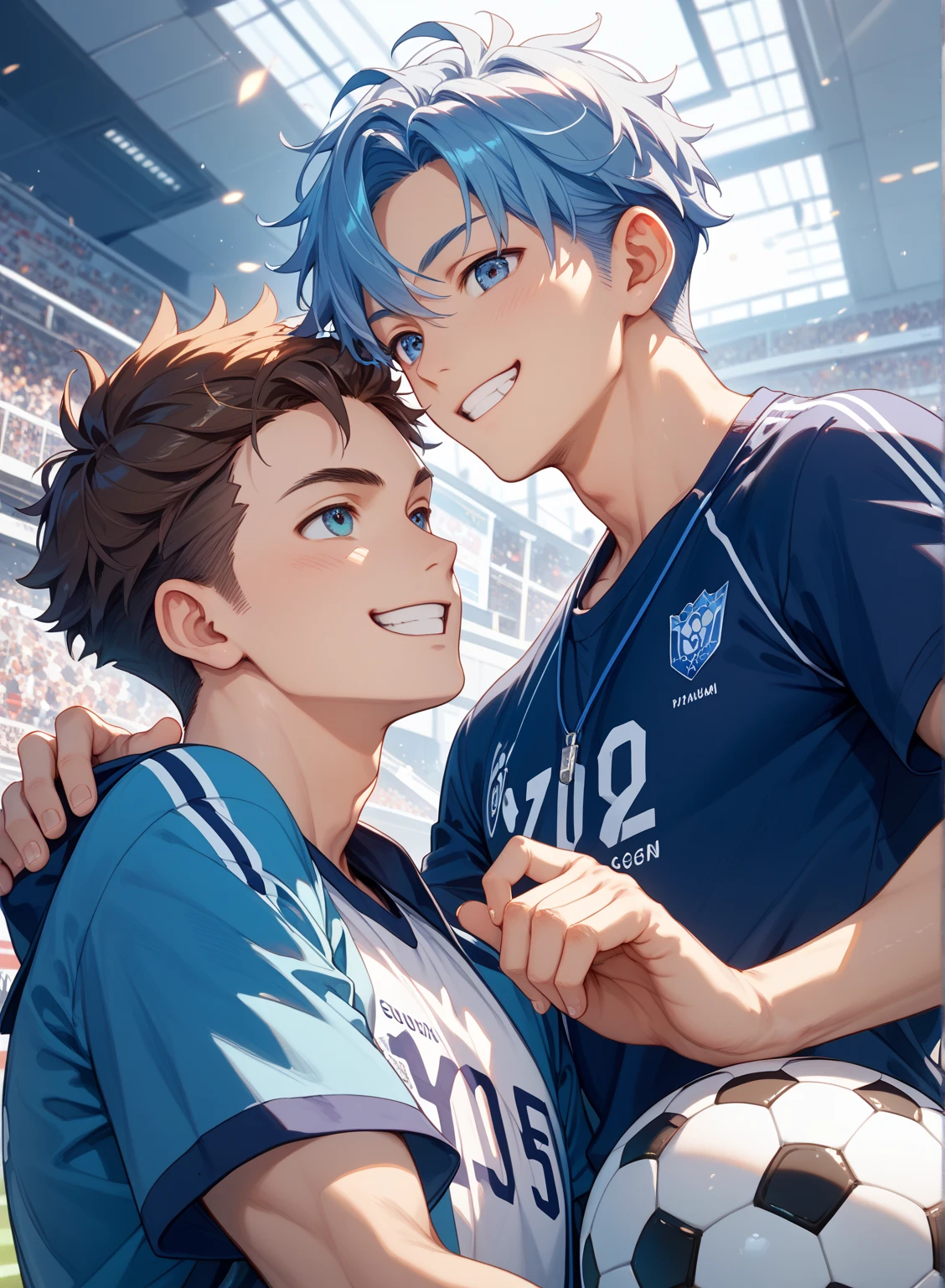 2 boys,dark green hair,highest quality,masterpiece,excessive,male focus,yellow eyes,beautiful eyes,beautiful boy,School,between men,Spouse,soccer club members,Blue soccer uniform,soccer,high school,soccer uniform,blue clothes,soccer court,teammate,same clothes,shoulder to shoulder,feminine,good friend,best image quality,