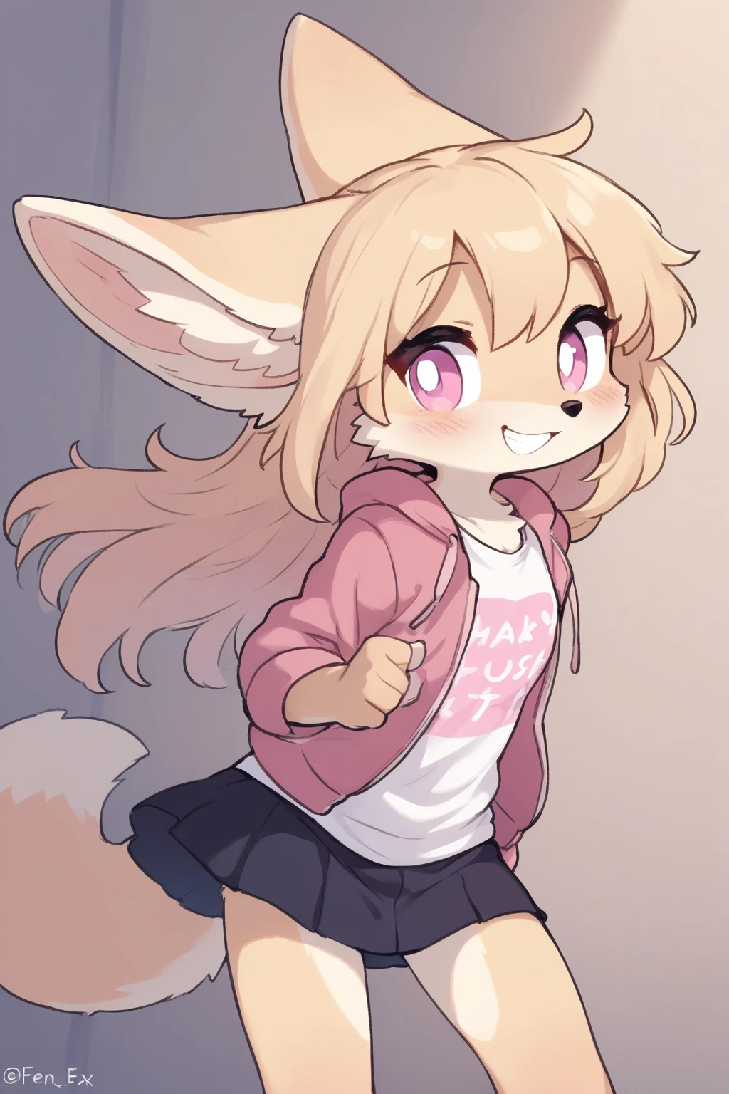 Shocked slim female antelope with long Pink hairs with Blue Highlights and glowing Green eyes wearing gray skirt and dark Blue top looking at herself there are some traces of Pink magic floating around her she is in the park