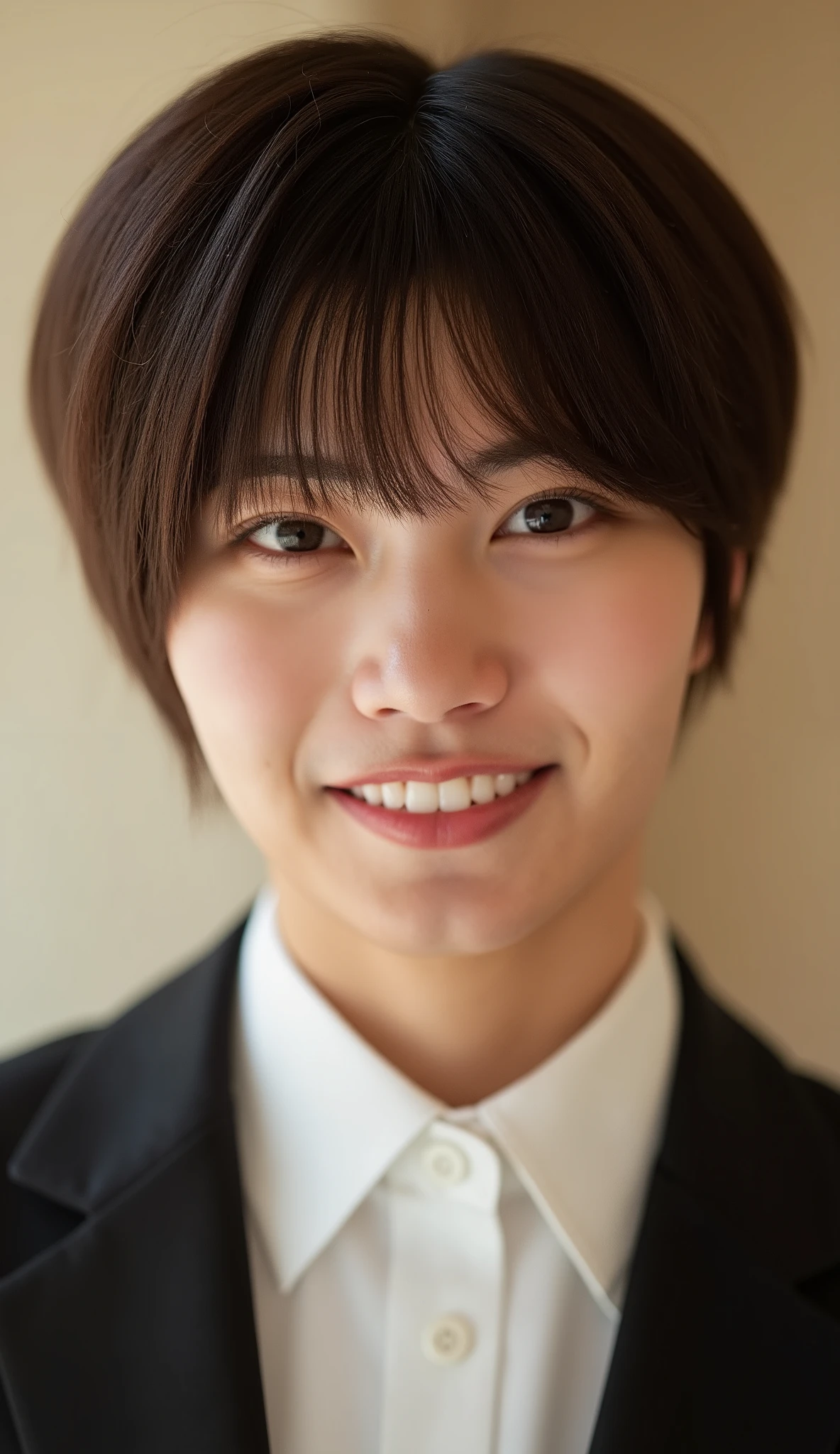 Madoka Daigo, 1boy, solo, asian, black_eyes, brown_hair, short hair,、歯を見せた笑顔collared_shirt, depth_of_field, formal, jacket, lips, uniform, white_shirt, 