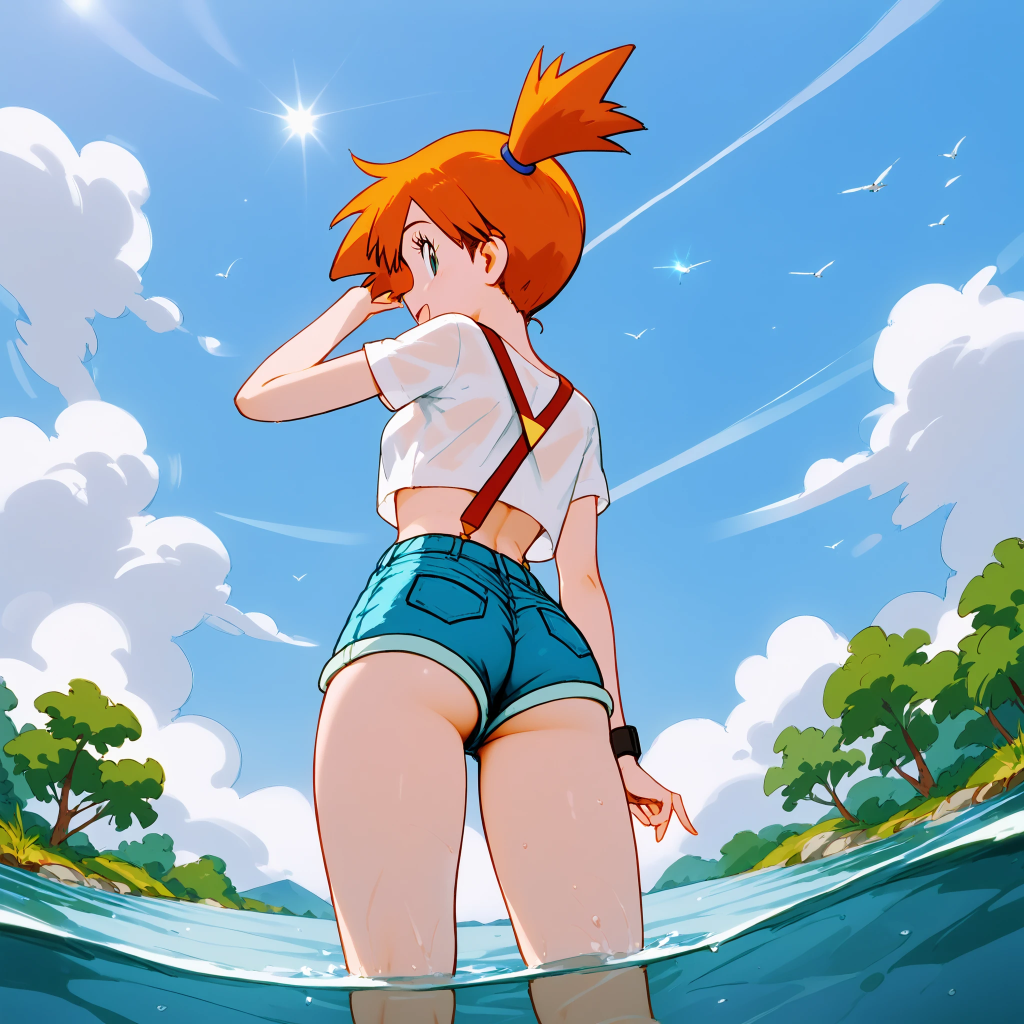 score_9,score_8_highly,score_7_highly, Misty from Pokémon, standing by a lake, her back facing the viewer, she is preparing to go skinny dipping, her shorts are down around her ankles, exposing her bare ass , she is halfway thru pulling her shirt off when she notices the viewer, she looks back at the viewer with a startled expression, view from below, looking up at her
